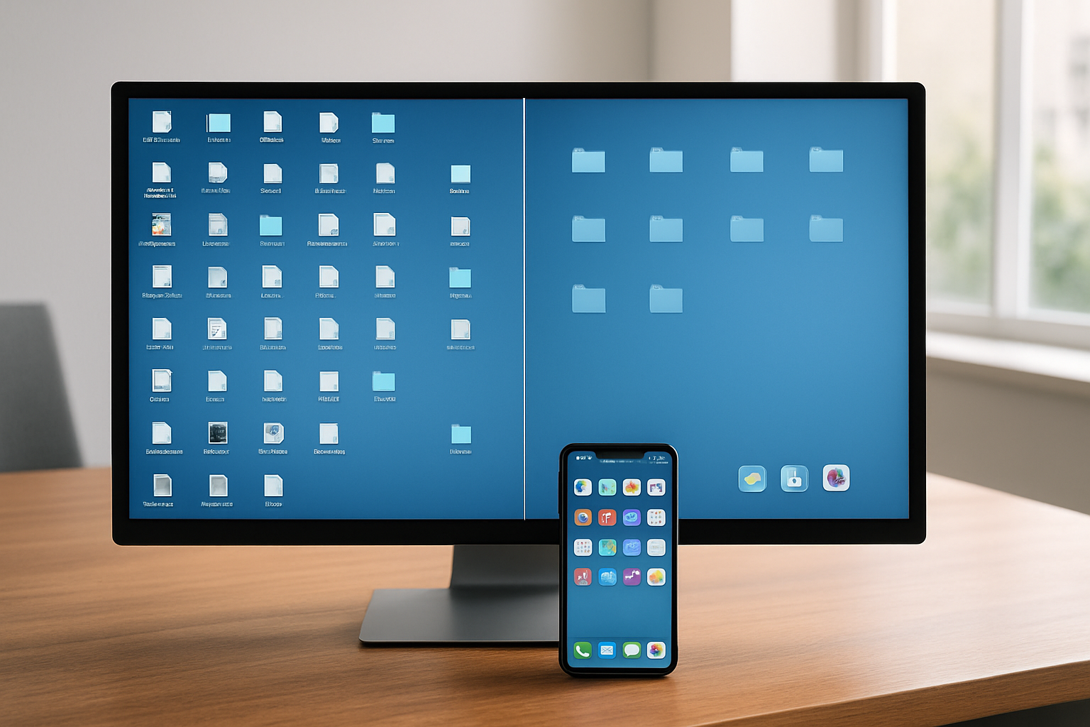Create a realistic image of a split-screen view showing a cluttered computer desktop on the left side with scattered files, multiple folders, and disorganized icons, and a clean organized desktop on the right side with neatly arranged folders and minimal icons, displayed on a modern monitor sitting on a wooden desk in a bright office environment with natural lighting from a window, alongside a smartphone showing a messy home screen transforming into an organized one with apps neatly categorized in folders, absolutely NO text should be in the scene.