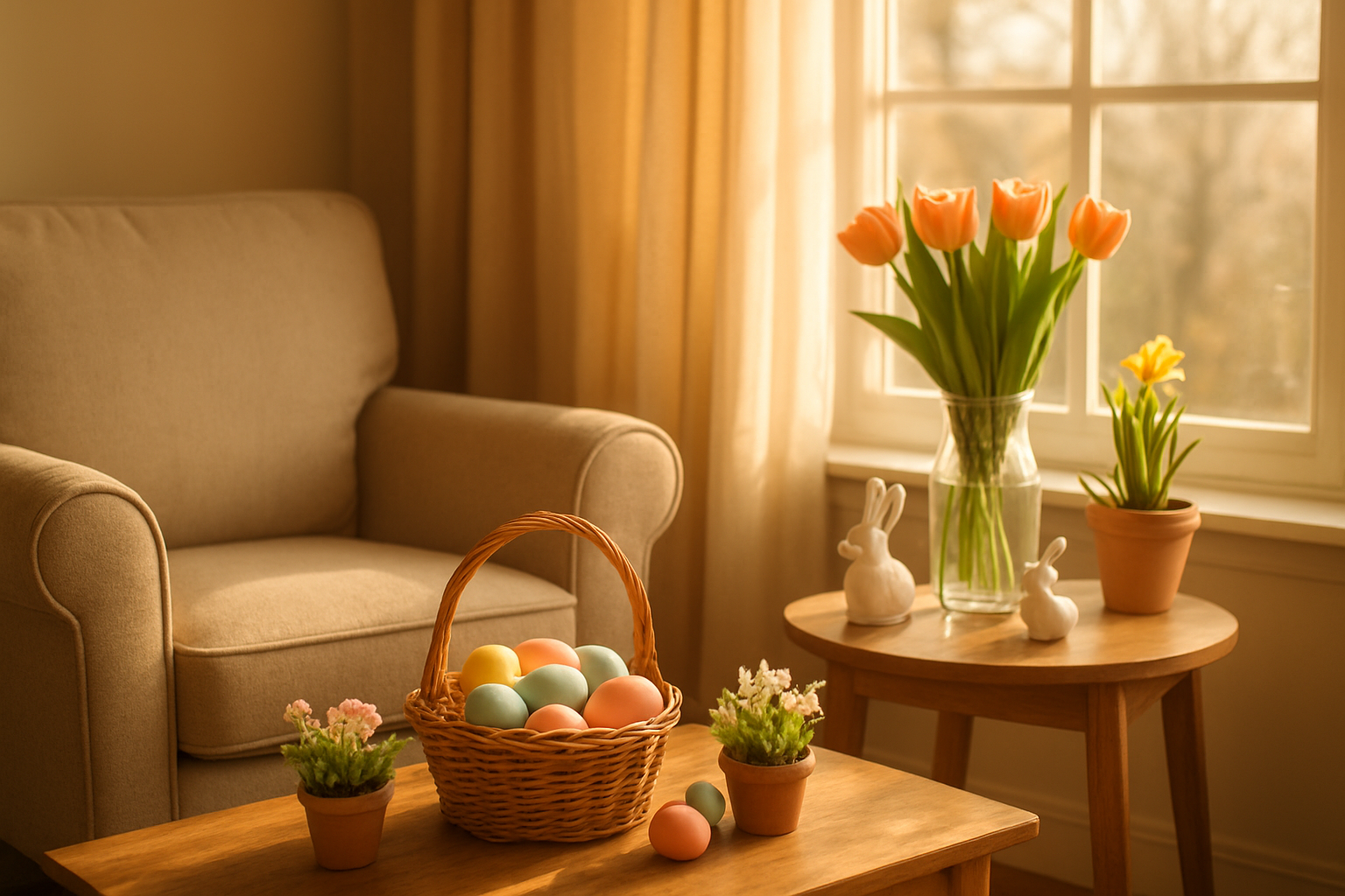 Create a realistic image of a cozy living room decorated for Easter with a single comfortable armchair positioned near a large window with soft natural light streaming in, featuring pastel Easter decorations including small potted spring flowers, colorful Easter eggs in a wicker basket, gentle bunny figurines on a side table, and fresh tulips in a vase, with warm golden hour lighting creating a peaceful and welcoming atmosphere that conveys contentment and personal celebration, shot from a slightly elevated angle to show the complete festive setup, Absolutely NO text should be in the scene.