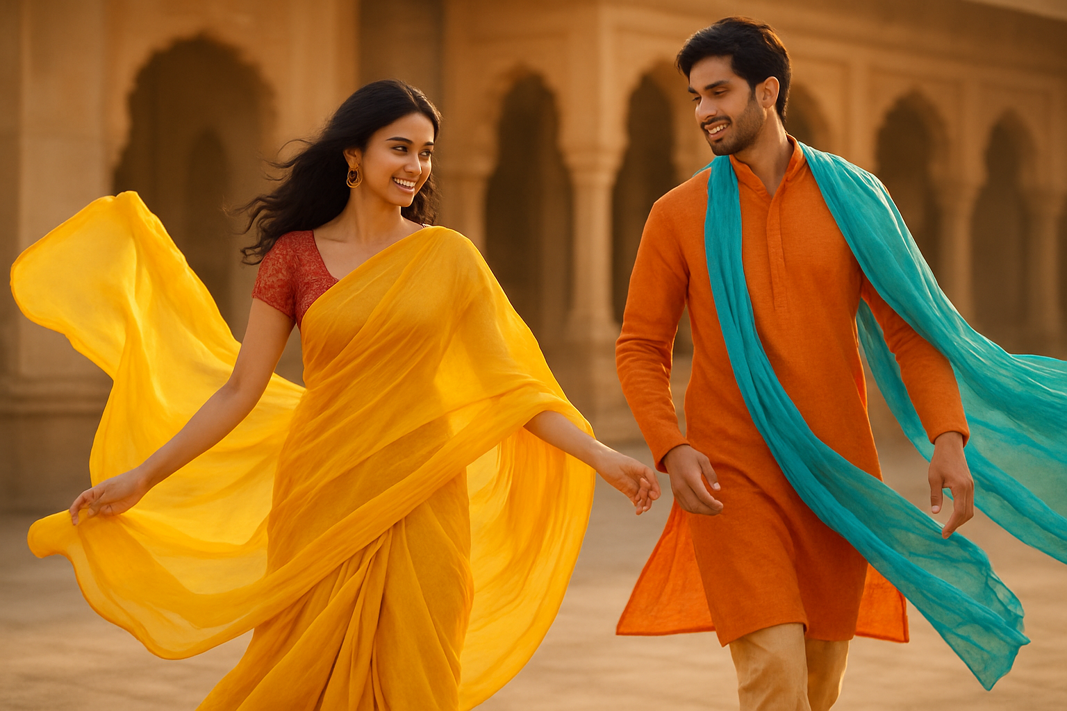Create a realistic image of South Asian female and male models wearing elegant festive Indian outfits made from flowing lightweight fabrics like chiffon, georgette, and cotton silk in vibrant festival colors, captured mid-movement showing the fabrics gracefully flowing and draping around their bodies, set against a softly blurred traditional Indian architectural background with warm golden hour lighting that highlights the texture and movement of the breathable fabrics, emphasizing comfort and ease of movement during festive celebrations, absolutely NO text should be in the scene.
