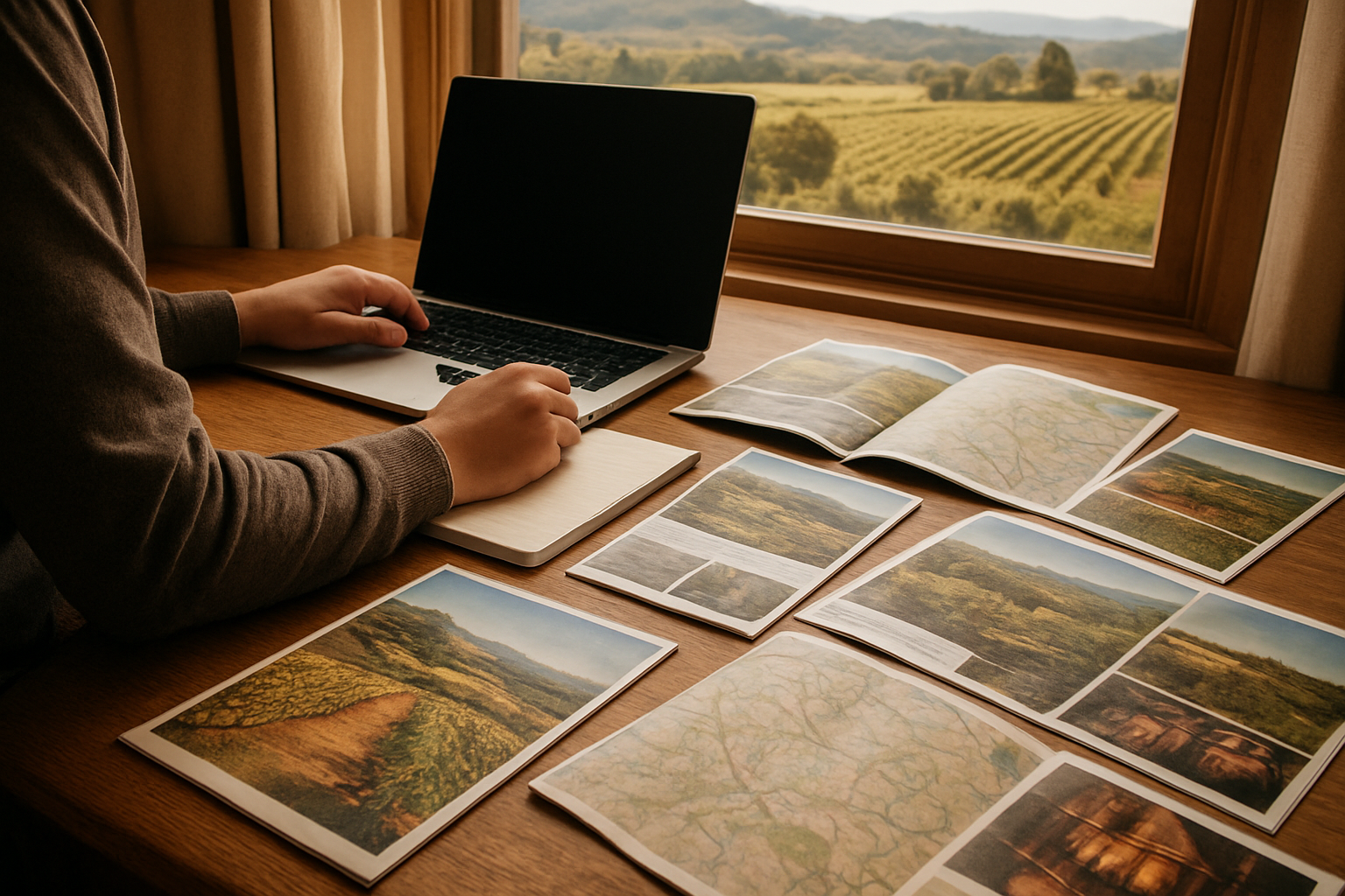 Create a realistic image of a person sitting at a wooden desk with a laptop computer open, surrounded by printed winery brochures, maps, and travel guides spread across the surface, with a notebook and pen nearby for taking notes, wine country landscape visible through a window in the background, warm natural lighting creating a cozy planning atmosphere, absolutely NO text should be in the scene.