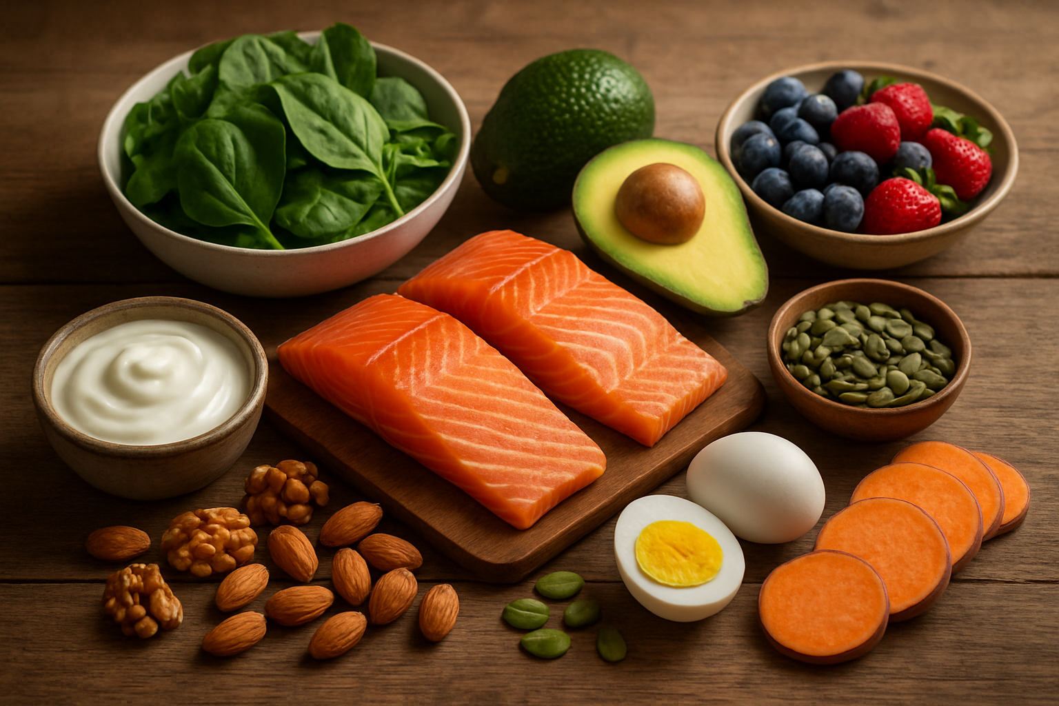 Create a realistic image of a beautifully arranged collection of hair-healthy foods on a rustic wooden table, featuring fresh salmon fillets, vibrant spinach leaves, ripe avocados (whole and sliced), mixed nuts including walnuts and almonds, hard-boiled eggs (some cracked open), fresh berries like blueberries and strawberries, Greek yogurt in a small bowl, sweet potato slices, and pumpkin seeds scattered around, all naturally lit by soft window light creating gentle shadows, with a clean and organic composition that emphasizes the natural textures and rich colors of these nutrient-dense foods, absolutely NO text should be in the scene.
