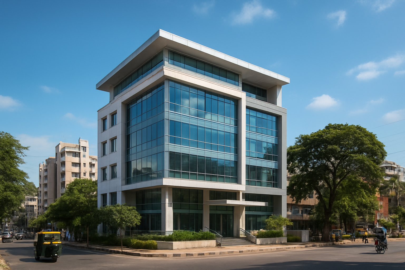 Create a realistic image of a modern medical clinic building exterior in Bangalore, India with multiple floors and glass windows, featuring contemporary architecture with clean lines, surrounded by urban cityscape with other buildings in the background, bright daylight with clear blue sky, professional and welcoming atmosphere, with some greenery and trees around the building, showing a bustling Indian city environment with typical Bangalore urban elements, absolutely NO text should be in the scene.