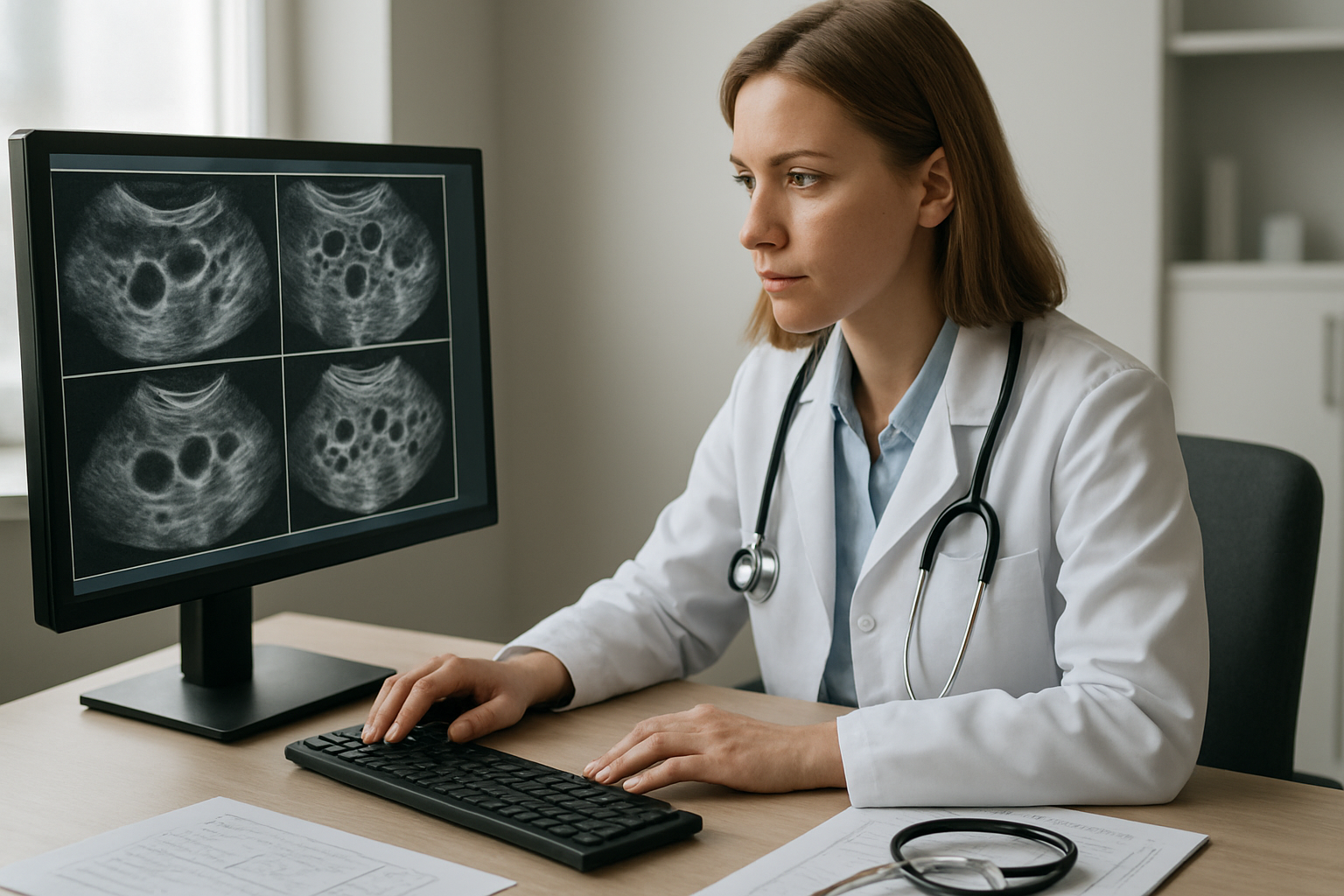 Create a realistic image of a white female doctor in a white coat sitting at a modern medical desk, analyzing ultrasound images displayed on a computer monitor showing ovarian follicles, with medical charts and a stethoscope on the desk, in a clean professional medical office setting with soft natural lighting from a window, conveying a focused and analytical mood as she interprets fertility monitoring results, absolutely NO text should be in the scene.