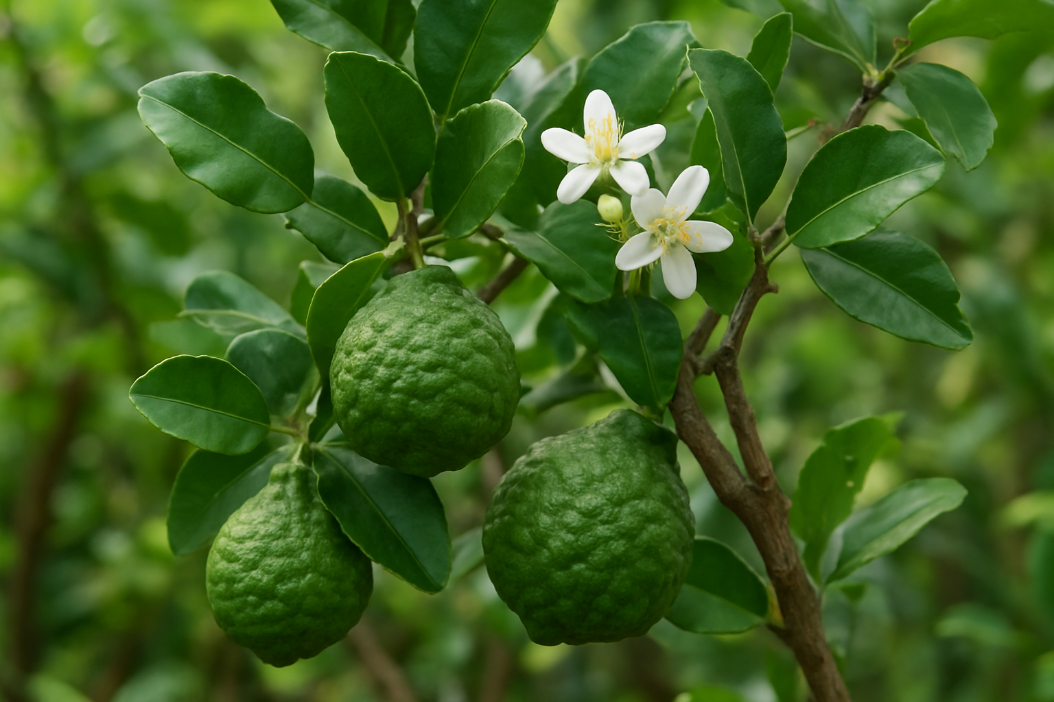 Create a realistic image of a kaffir lime tree with detailed close-up view showing the distinctive double-lobed dark green leaves, bumpy textured green fruits hanging from branches, white fragrant blossoms, and thick woody stems in natural outdoor lighting with a soft-focused tropical garden background featuring lush green foliage, emphasizing the botanical features and natural growing environment of this Southeast Asian citrus plant. Absolutely NO text should be in the scene.