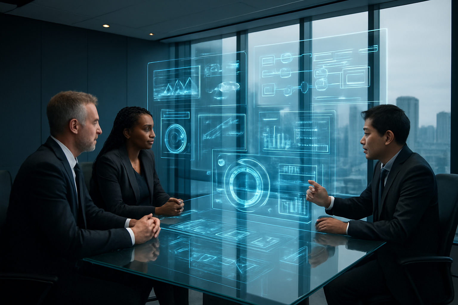 Create a realistic image of a modern corporate boardroom with sleek glass conference table where diverse business executives including a white male CEO, black female CTO, and Asian male product manager are reviewing holographic data visualizations and interactive 3D interface prototypes floating above the table, showcasing advanced AI-powered user interface elements like dynamic charts, automated workflow diagrams, and intelligent dashboard components, with floor-to-ceiling windows overlooking a city skyline, professional lighting creating a sophisticated atmosphere that conveys innovation and technological advancement in enterprise software solutions, absolutely NO text should be in the scene.