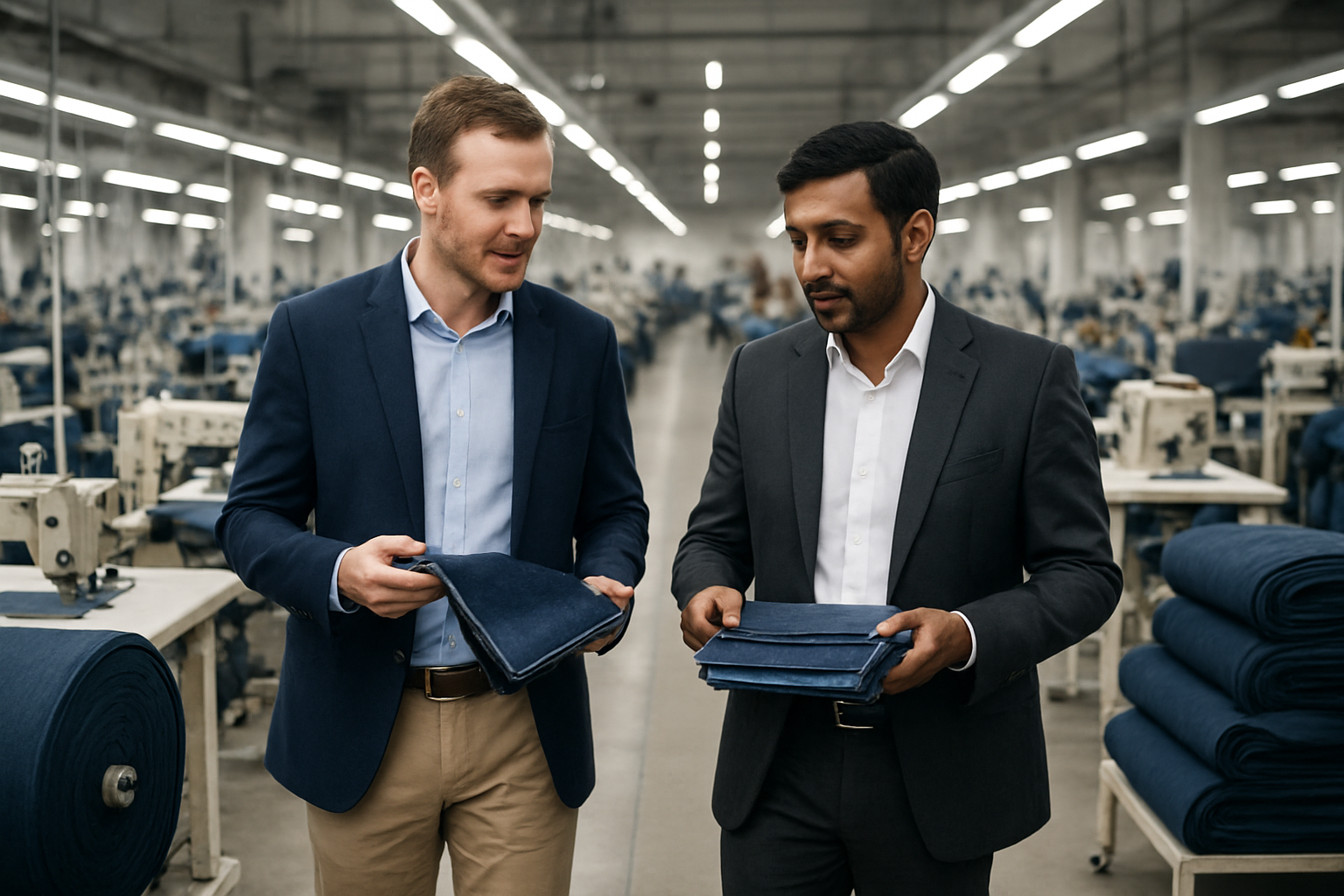 Create a realistic image of a modern textile manufacturing facility in India showing white male and Indian male business professionals walking through a denim production floor, examining fabric samples and discussing production details, with industrial sewing machines, rolls of denim fabric, and quality control stations visible in the background, bright industrial lighting illuminating the clean workspace, conveying a collaborative and professional manufacturing environment, absolutely NO text should be in the scene.
