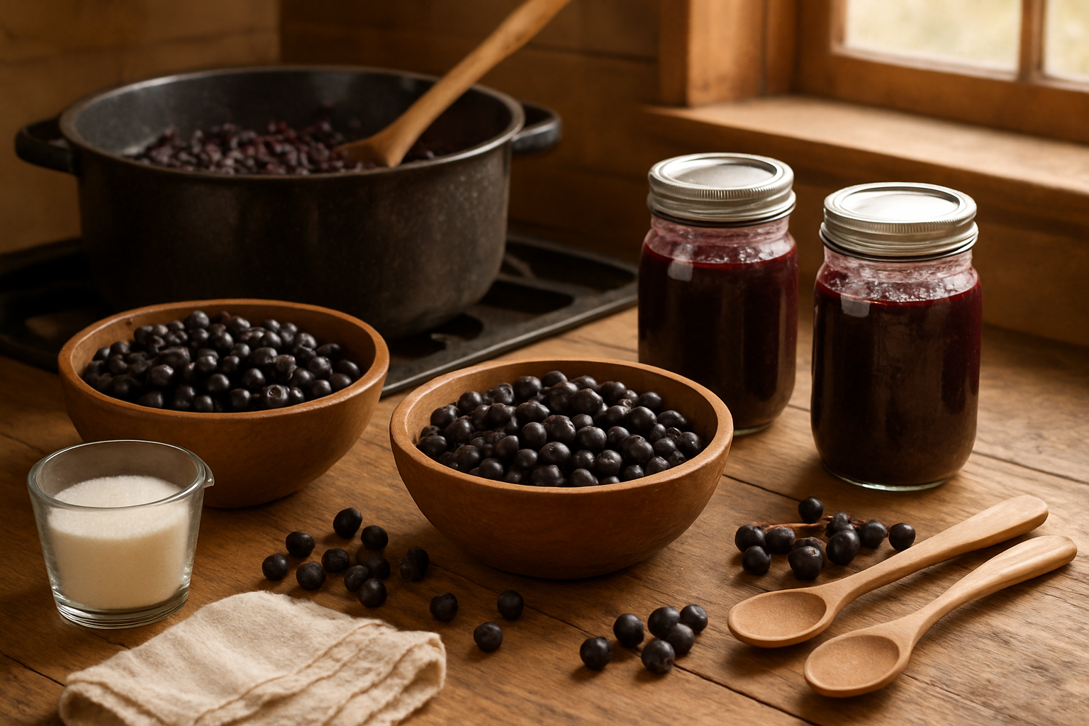 Create a realistic image of purple chokeberries being processed and preserved in a rustic kitchen setting, showing fresh dark purple chokeberries in wooden bowls, glass mason jars filled with purple chokeberry jam or preserves, a large pot on a stovetop with simmering berries, measuring cups with sugar, clean kitchen towels, and wooden spoons scattered on a farmhouse-style wooden counter, with warm natural lighting streaming through a window, creating a cozy homemade preservation atmosphere, absolutely NO text should be in the scene.