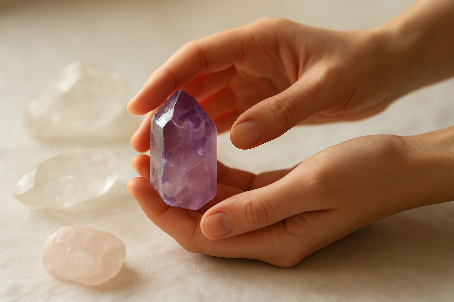 Create a realistic image of gentle hands carefully holding a beautiful amethyst crystal, with soft natural lighting illuminating the crystal's purple facets, surrounded by other crystals like clear quartz and rose quartz resting on a clean white cloth surface, creating a peaceful and mindful atmosphere that emphasizes delicate handling and proper care techniques, with warm diffused lighting and a soft-focus background, absolutely NO text should be in the scene.