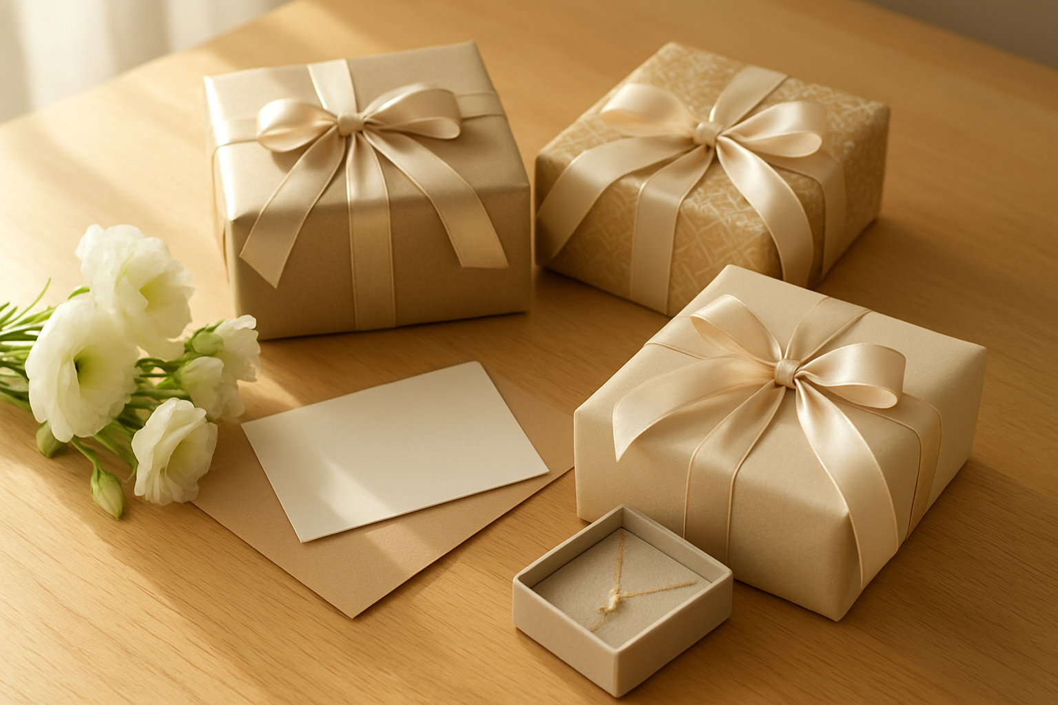 Create a realistic image of carefully wrapped gift boxes in elegant wrapping paper with soft ribbons, alongside thoughtful items like a handwritten note, fresh flowers, and a small piece of jewelry displayed on a clean wooden table surface, with warm natural lighting from a nearby window creating gentle shadows, conveying a sense of care and consideration in gift-giving, absolutely NO text should be in the scene.