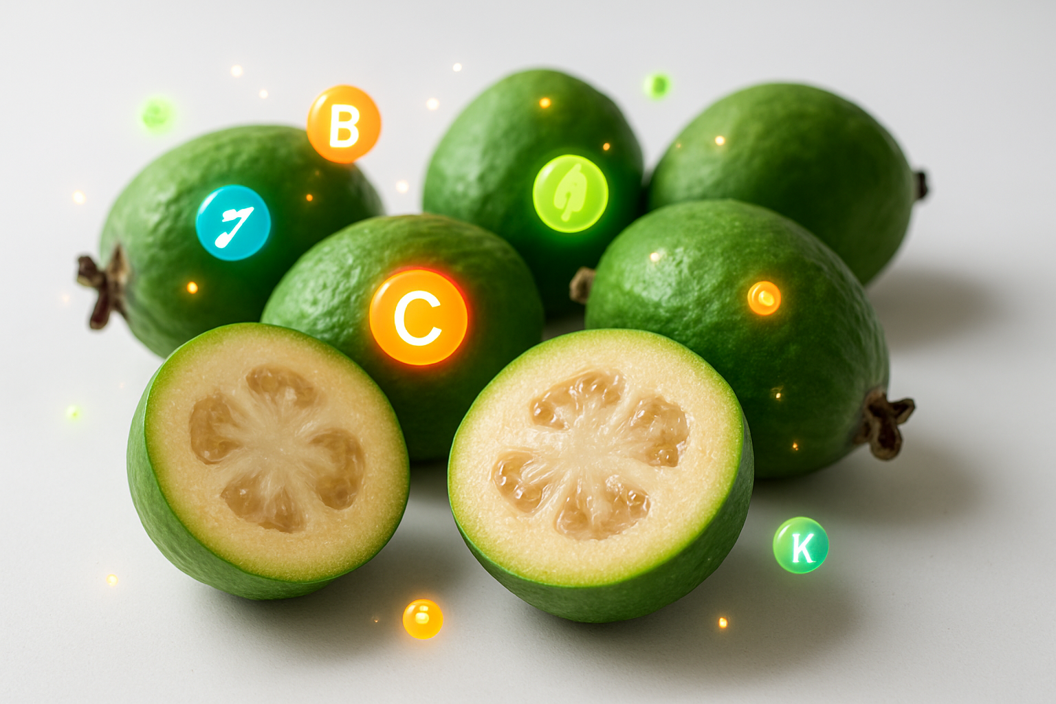 Create a realistic image of fresh feijoa fruits cut in half displaying their creamy white flesh and jelly-like center, surrounded by vibrant green whole feijoas, with colorful vitamin symbols and nutrient icons floating around them like glowing particles, set against a clean white background with soft natural lighting that highlights the fruit's texture and nutritional essence, creating an energetic and healthy mood that emphasizes the superfood qualities of the pineapple guava, absolutely NO text should be in the scene.