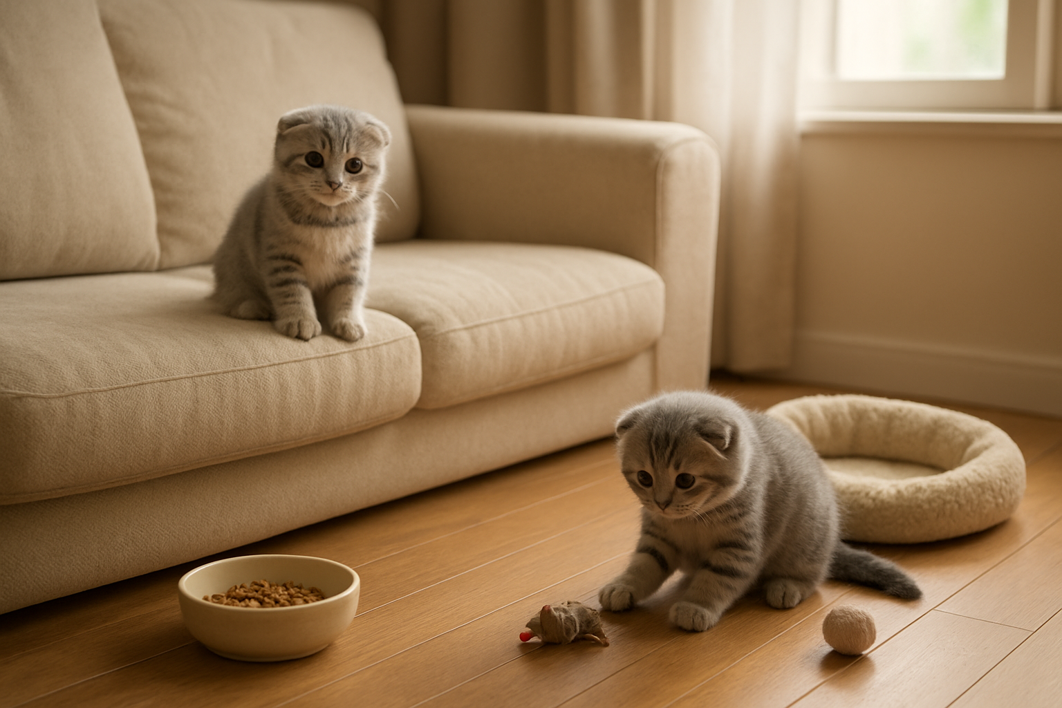 Create a realistic image of a cozy living room setting with two adorable Scottish Fold kittens with their characteristic folded ears, one sitting on a soft cream-colored sofa and another playing with a small toy on a warm wooden floor, surrounded by kitten essentials like a small food bowl, a cat bed, and some toys, with soft natural lighting streaming through a window, creating a welcoming and prepared home environment that conveys the joy and responsibility of welcoming new Scottish Fold kittens, absolutely NO text should be in the scene.