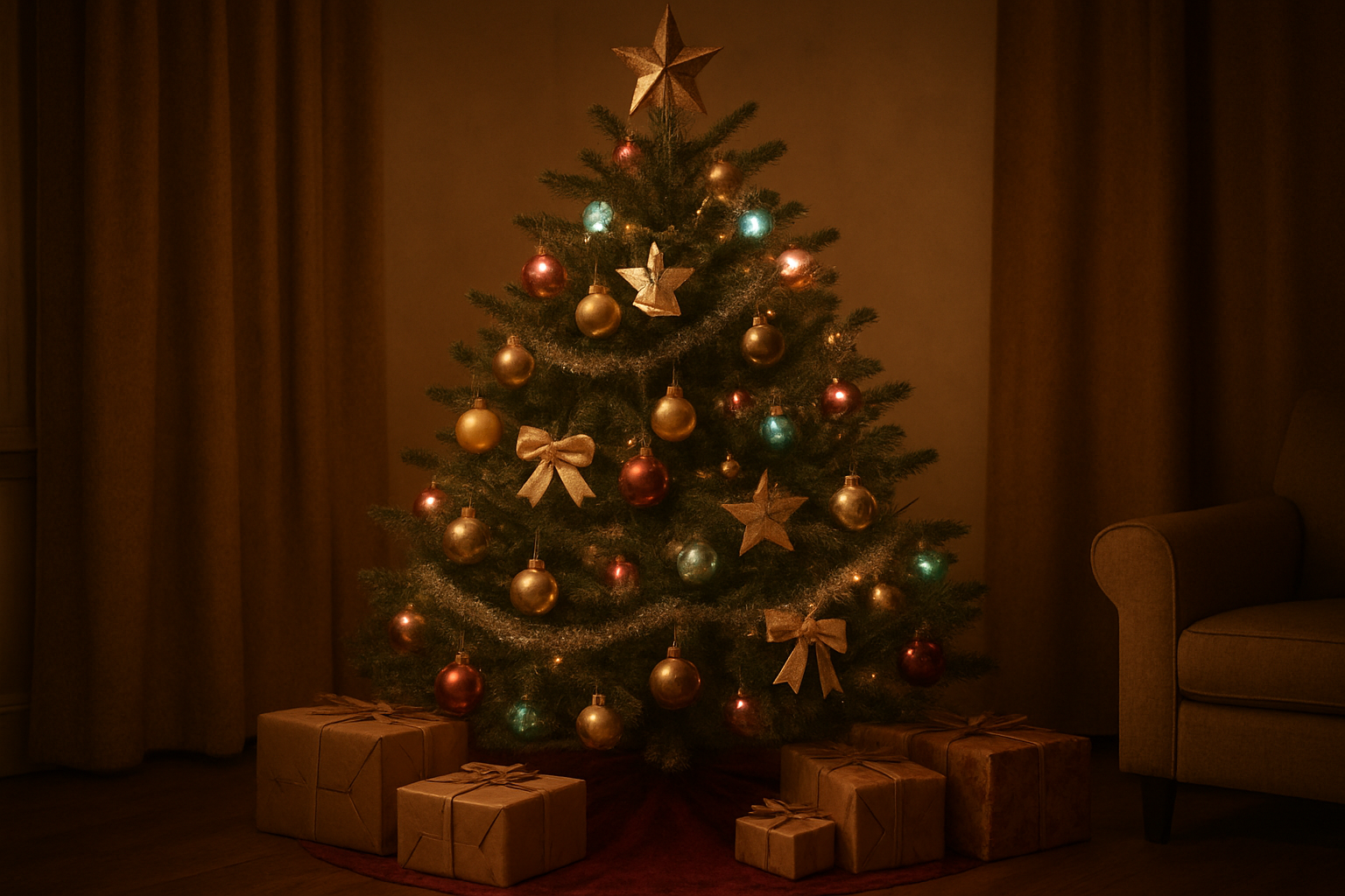 Create a realistic image of a beautifully decorated vintage-style Christmas tree with retro ornaments including glass baubles in muted gold, silver, and deep red colors, classic tinsel garland draped elegantly across the branches, old-fashioned large multicolored bulb string lights, vintage paper angels and stars, antique-looking ribbon bows, and a traditional metallic tree topper star, positioned in a cozy living room setting with warm ambient lighting that creates a nostalgic 1950s-1960s holiday atmosphere, surrounded by wrapped presents in classic brown paper and vintage-patterned gift wrap beneath the tree, with a traditional tree skirt in rich burgundy or deep green fabric. Absolutely NO text should be in the scene.