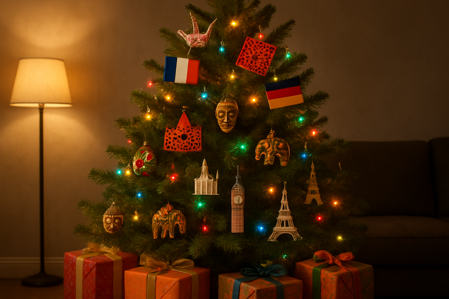 Create a realistic image of a beautifully decorated Christmas tree showcasing diverse cultural ornaments and travel-themed decorations, featuring miniature flags from different countries, traditional cultural symbols like Japanese origami cranes, Mexican papel picado, African masks, Indian elephants, European castles, and small landmark replicas such as the Eiffel Tower and Big Ben hanging as ornaments, with colorful string lights illuminating the multicultural decorations, set in a cozy living room with warm ambient lighting and a few wrapped gifts underneath representing different cultural wrapping styles, absolutely NO text should be in the scene.
