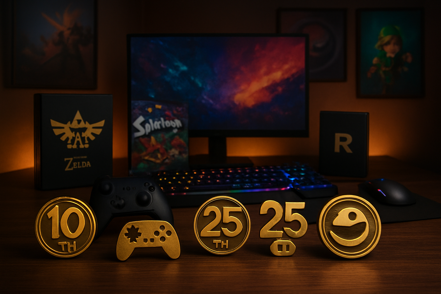 Create a realistic image of a gaming setup displaying multiple iconic video game franchise logos and anniversary badges scattered across a desk, featuring golden "10th Anniversary", "15th Anniversary", and "25th Anniversary" emblems alongside recognizable game controller silhouettes, collector's edition game boxes, and commemorative gaming merchandise, set against a dark wooden desk with warm ambient lighting from RGB gaming peripherals creating a celebratory atmosphere, with gaming posters visible on the wall in the background showing various franchise characters and symbols, absolutely NO text should be in the scene.