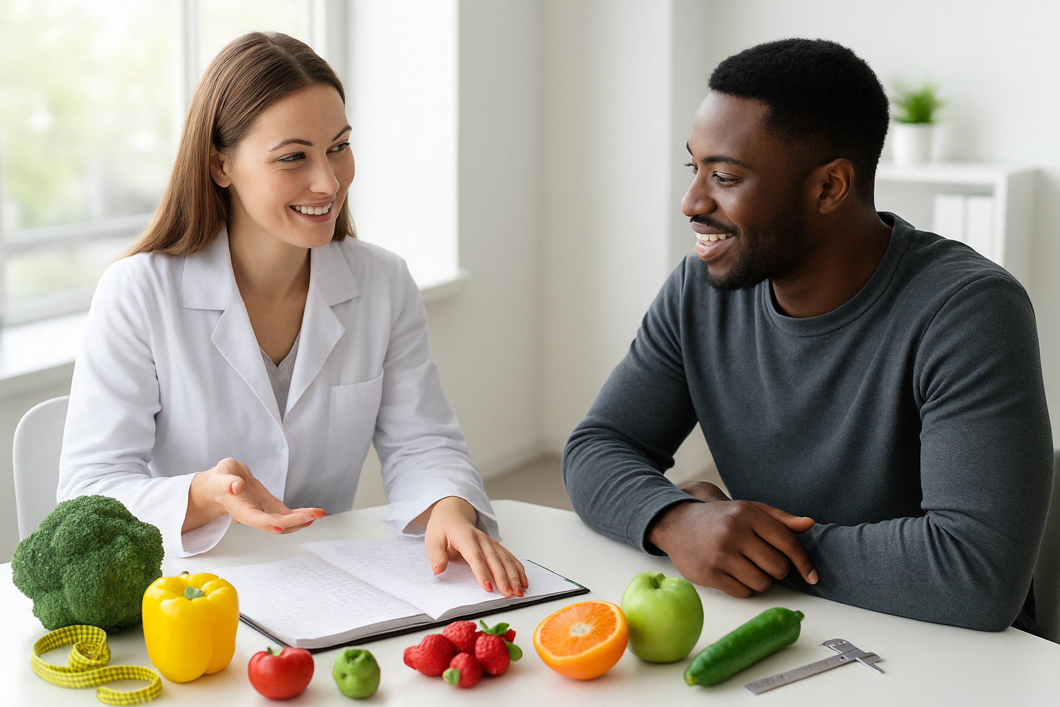 Create a realistic image of a diverse group including a white female nutritionist and a black male client sitting at a clean, modern consultation table with fresh fruits, vegetables, measuring tools, and a food diary spread across the surface, in a bright, professional healthcare office setting with natural lighting from large windows, conveying a collaborative and educational atmosphere as they discuss personalized nutrition planning, absolutely NO text should be in the scene.