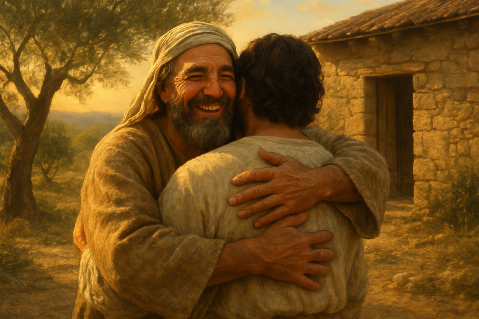 Create a realistic image of a middle-aged Middle Eastern male father in ancient biblical robes embracing his adult son who has just returned home, showing the father's face filled with joy and unconditional love as he welcomes his son with open arms, set against the backdrop of a humble stone house with olive trees and rolling hills in warm golden sunset lighting that creates a peaceful and emotional atmosphere of forgiveness and grace, with the father's weathered hands gently placed on his son's shoulders in a gesture of complete acceptance and love, absolutely NO text should be in the scene.