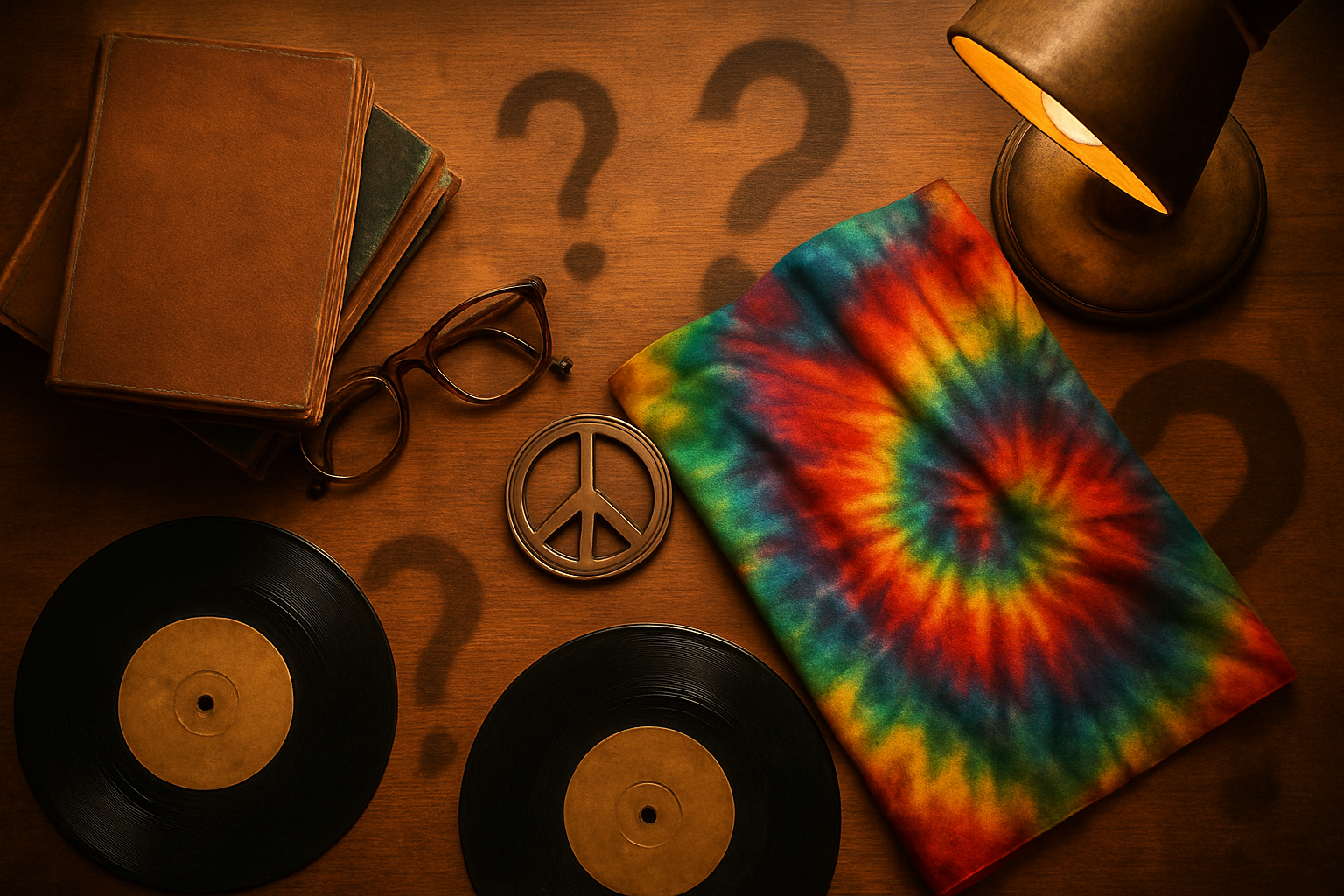 Create A Realistic Image Of A Collection Of Vintage 1960S Objects Arranged On A Wooden Desk Surface Including Old Books About Psychedelics, Retro Eyeglasses, A Peace Symbol Medallion, Colorful Tie-Dye Fabric, Vinyl Records, And A Vintage Lamp Casting Warm Lighting, With Question Mark Symbols Subtly Incorporated Into The Arrangement Through Shadow Patterns And Object Placement, Featuring Earthy Brown And Orange Tones With Splashes Of Vibrant Psychedelic Colors, Shot From Above In Documentary Style Lighting. Absolutely No Text Should Be In The Scene.