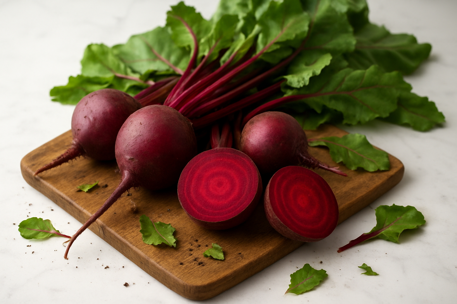 Create a realistic image of fresh whole beetroots with vibrant deep red-purple skin and green leafy tops arranged on a rustic wooden cutting board, with one beetroot cut in half revealing the rich crimson interior with natural ring patterns, surrounded by scattered beetroot leaves and small dirt particles, set against a clean white marble kitchen countertop background with soft natural lighting from above creating gentle shadows, conveying freshness and natural organic appeal. Absolutely NO text should be in the scene.