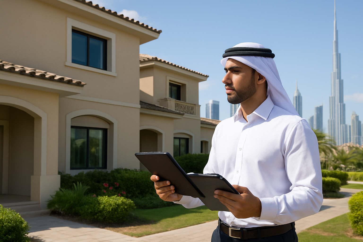 Create a realistic image of a modern Dubai residential property with a Middle Eastern male professional inspector in his 30s wearing a white shirt and dark pants, holding a digital tablet and clipboard while examining the exterior of a well-maintained villa, with Dubai's skyline visible in the background, bright daylight illuminating the scene, showcasing a pristine property with lush landscaping, clean architecture, and visible maintenance elements like properly sealed windows and intact roofing, conveying a sense of thoroughness and quality assurance, absolutely NO text should be in the scene.
