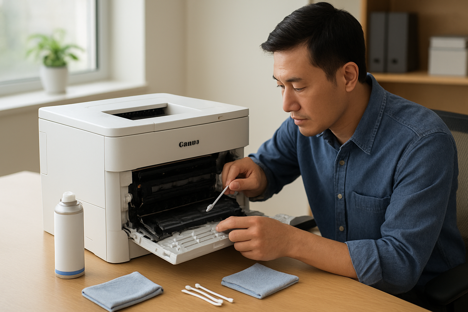 Create a realistic image of a clean, well-organized office workspace showing preventive maintenance of a Canon printer, featuring an Asian male technician in casual work attire carefully cleaning the paper feed rollers and internal components of a white Canon laser printer with maintenance tools like cotton swabs, cleaning cloths, and compressed air canister visible on the desk, with good natural lighting from a window creating a professional maintenance environment, showing the printer's paper tray pulled out and various small maintenance tools arranged neatly nearby, emphasizing the concept of regular upkeep and care, absolutely NO text should be in the scene.