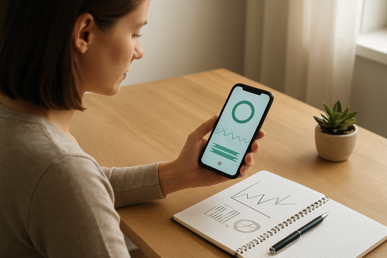 Create a realistic image of a white female sitting at a clean wooden desk with a smartphone displaying a wellness tracking app, a notebook with handwritten charts and graphs, a pen, and a small potted plant, with soft natural lighting from a nearby window creating a calm and focused atmosphere for monitoring stress management progress, absolutely NO text should be in the scene.