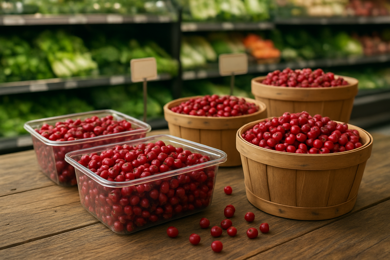 Create a realistic image of a grocery store produce section with fresh lingonberries displayed in clear plastic containers and wooden baskets, showing vibrant red small berries, alongside a few scattered loose berries on a rustic wooden surface, with soft natural lighting from above, clean organized shelving in the background, and price tags visible near the berry displays, absolutely NO text should be in the scene.