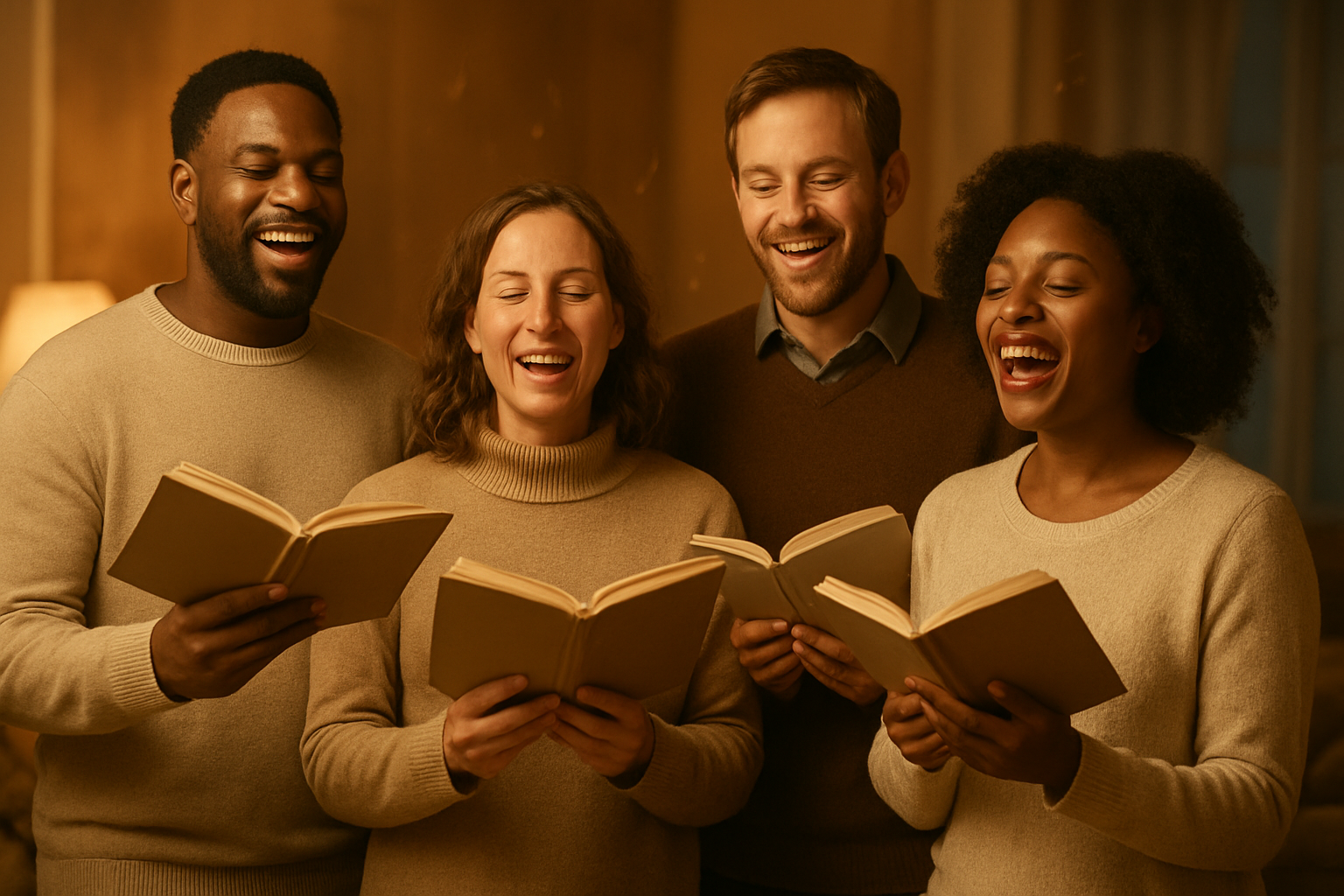 Create a realistic image of a diverse group of adults including white and black males and females standing together in a warm, softly lit room, holding carol songbooks and singing with joyful expressions, their faces showing genuine happiness and personal growth, with soft golden lighting creating an intimate atmosphere, musical notes subtly floating in the air around them, a cozy indoor setting with warm wood tones and soft furnishings in the background, capturing the transformative power of singing together, absolutely NO text should be in the scene.