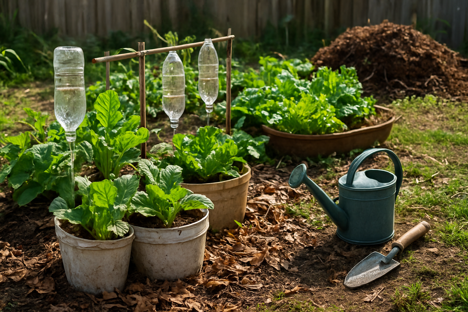 Create a realistic image of a thriving vegetable garden with healthy green plants growing in repurposed containers like plastic bottles and old buckets, showing DIY watering system made from plastic bottles with small holes, homemade compost pile in the corner, mulch made from fallen leaves around plant bases, and basic gardening tools like a small hand trowel and watering can nearby, set in a sunny backyard with natural lighting, demonstrating resourceful and budget-friendly gardening methods, absolutely NO text should be in the scene.