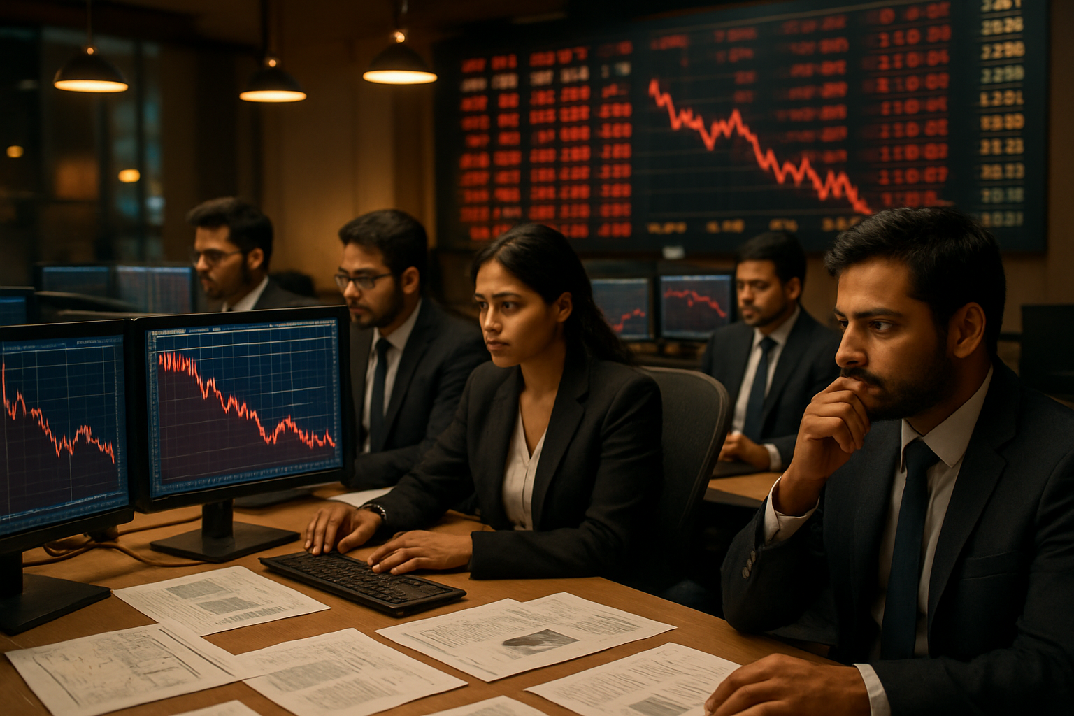 Create a realistic image of a professional Indian stock market trading floor with multiple computer screens displaying red downward trending charts and graphs, scattered financial documents and reports on desks, a large digital display board in the background showing market indices with declining numbers, warm ambient lighting from overhead fixtures creating a focused work environment, and a few South Asian male and female financial analysts in business attire looking contemplative while reviewing market data, with the overall mood conveying analytical assessment rather than panic, absolutely NO text should be in the scene.