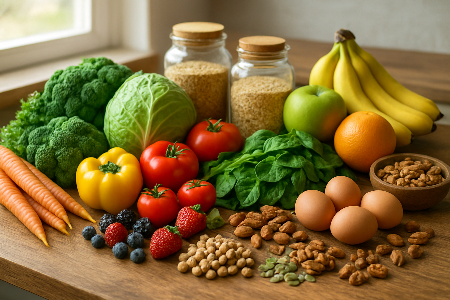 Create a realistic image of a wooden kitchen countertop displaying an abundant variety of fresh whole foods including colorful vegetables like leafy greens, bell peppers, tomatoes, carrots, and broccoli, alongside fresh fruits such as apples, oranges, berries, and bananas, whole grains in glass jars like quinoa, brown rice, and oats, nuts and seeds scattered naturally, and lean proteins like eggs and legumes, all arranged in an organic, unstaged manner with soft natural lighting streaming through a nearby window, creating a warm and inviting atmosphere that emphasizes the foundation of healthy eating, absolutely NO text should be in the scene.