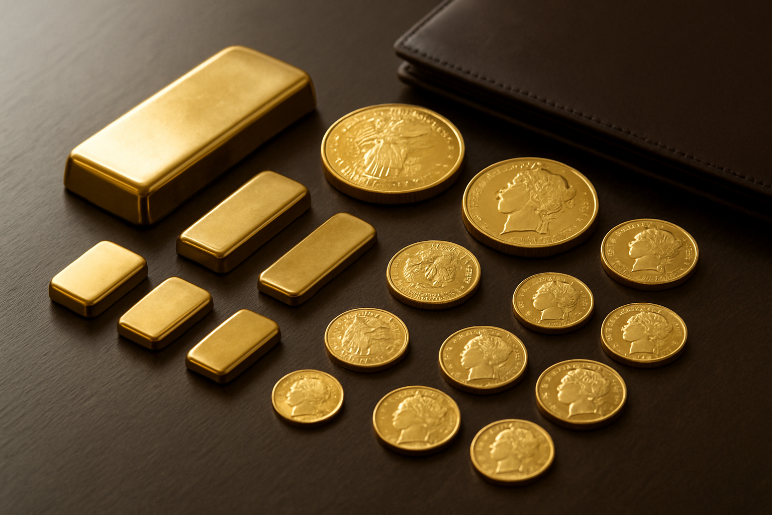 Create a realistic image of various gold bullion investment options displayed on a dark wooden desk surface, including gold bars of different sizes, gold coins, and gold rounds arranged in an organized manner, with soft natural lighting from the side creating subtle reflections on the gold surfaces, a leather portfolio folder partially visible in the background, and a clean professional setting suggesting financial planning, absolutely NO text should be in the scene.