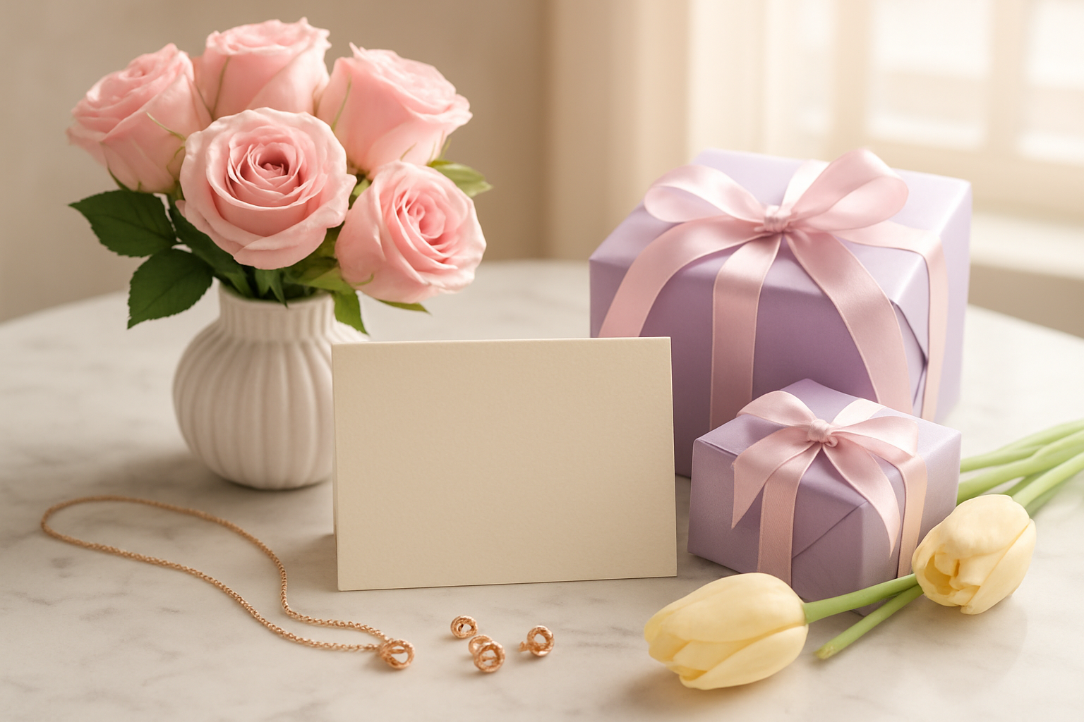 Create a realistic image of a beautifully arranged collection of Mother's Day gifts in soft pastel colors including pink roses in a delicate vase, lavender-colored wrapped gift boxes with satin ribbons, a cream-colored handwritten card, pale yellow tulips, and rose gold jewelry displayed on a white marble surface with warm natural lighting from a nearby window, creating a tender and loving atmosphere. Absolutely NO text should be in the scene.