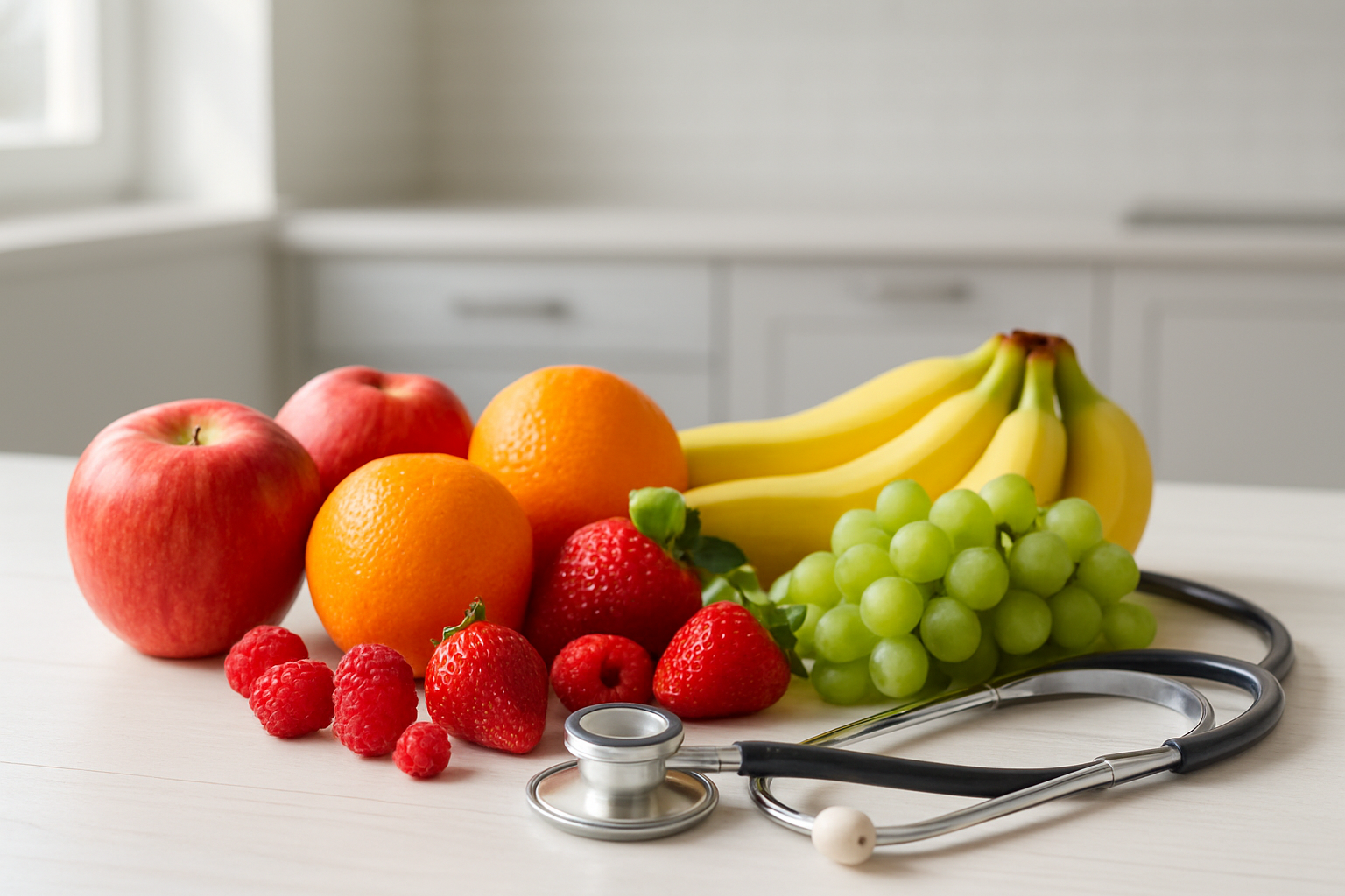 Create a realistic image of a vibrant assortment of fresh colorful fruits including apples, oranges, berries, bananas, and grapes arranged on a clean white wooden table, with subtle medical symbols like a stethoscope placed gently beside the fruits, soft natural lighting streaming from a window creating gentle shadows, clean modern kitchen background with white cabinets, conveying a sense of health and wellness through the bright, appetizing appearance of the fruits, absolutely NO text should be in the scene.