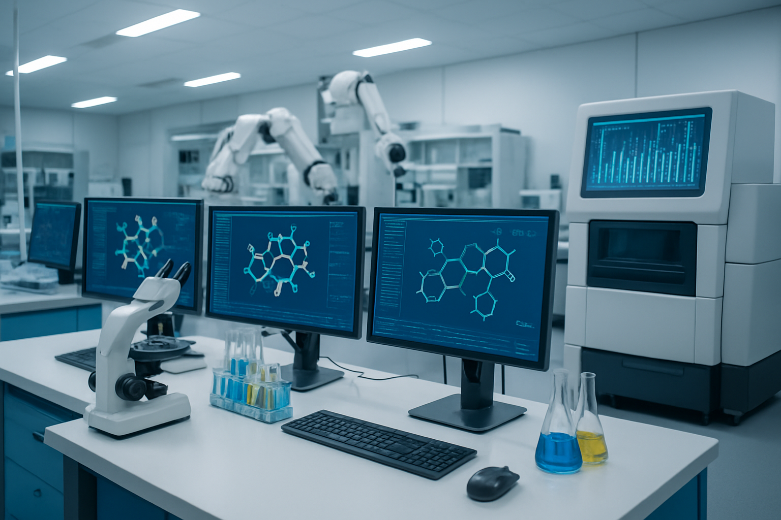 Create a realistic image of a modern pharmaceutical research laboratory with advanced AI computer workstations displaying molecular structures and drug compounds on multiple monitors, featuring sophisticated laboratory equipment including robotic automation systems, molecular modeling displays, test tubes and beakers with colorful chemical solutions, high-tech microscopes, and genomic sequencing machines, set in a clean white and blue sterile environment with bright LED lighting, conveying an atmosphere of cutting-edge scientific innovation and technological advancement in drug discovery, absolutely NO text should be in the scene.