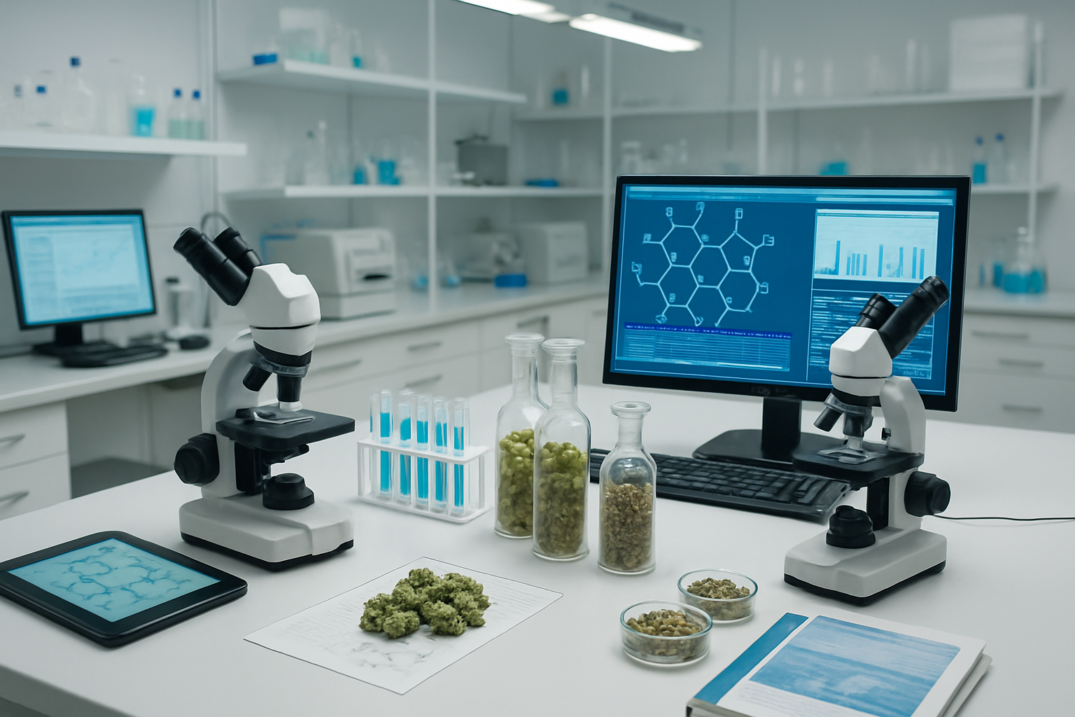 Create a realistic image of a modern scientific laboratory setting with lab equipment including microscopes, test tubes, and analytical instruments on clean white countertops, with computer monitors displaying molecular structure diagrams and chemical data charts, surrounded by glass containers holding samples of hops, cannabis buds, and dried herbs, under bright fluorescent lighting that creates a professional research environment, with scientific journals and educational materials visible on the workspace. Absolutely NO text should be in the scene.