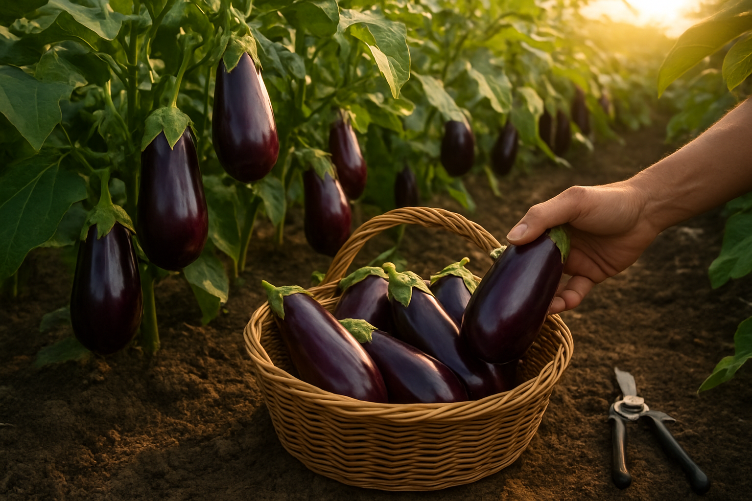 Create a realistic image of a thriving eggplant garden with mature purple eggplants hanging from green leafy plants, some eggplants being carefully harvested and placed in a wicker basket, rich dark soil visible between the rows, warm golden sunlight filtering through the scene creating a peaceful agricultural atmosphere, with gardening tools like pruning shears visible nearby, absolutely NO text should be in the scene.