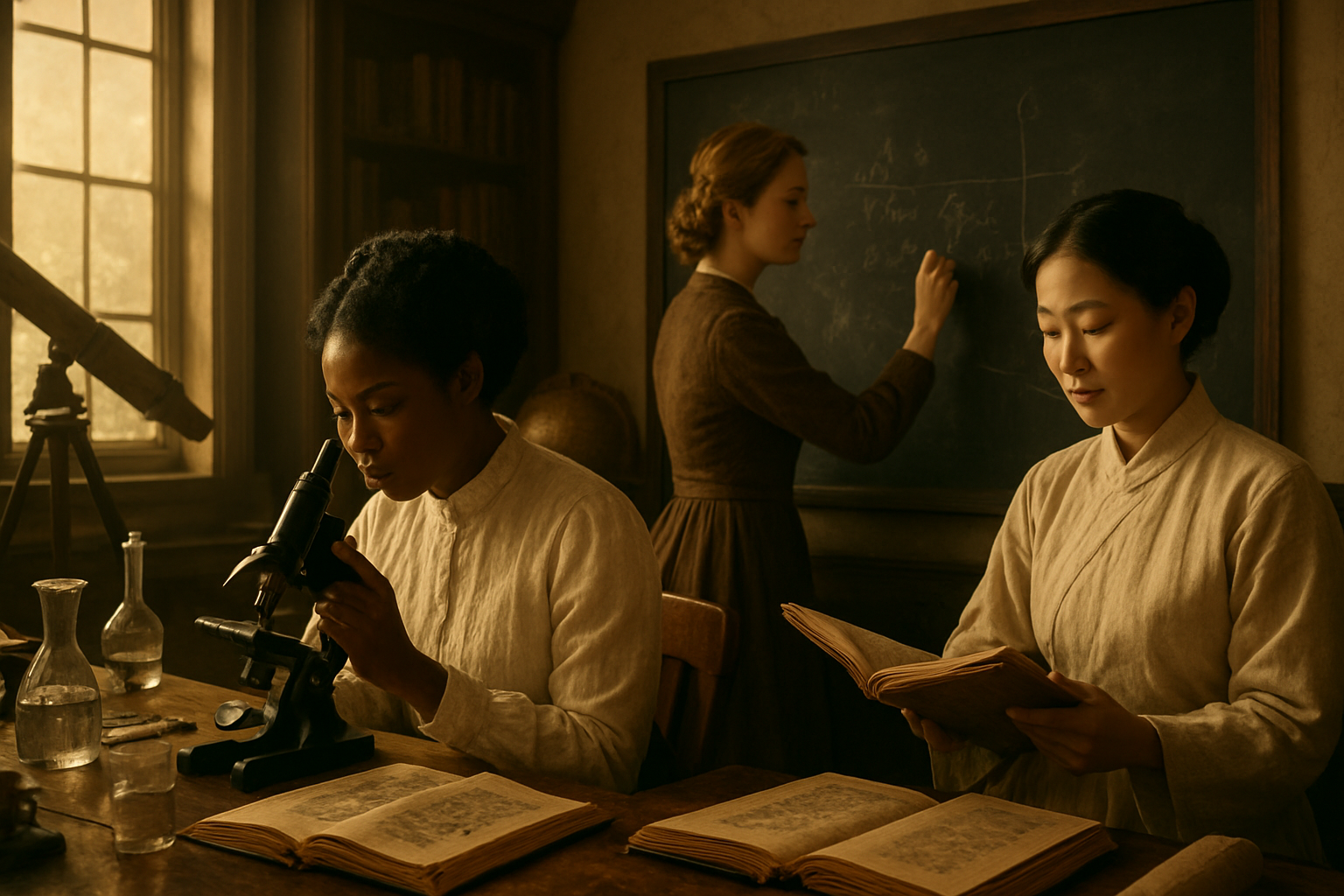 Create a realistic image of a diverse group of women scientists and intellectuals from different historical periods working in a vintage laboratory and study setting, featuring a black woman examining scientific specimens through a microscope, a white woman writing mathematical equations on a chalkboard, and an Asian woman reading from historical texts, surrounded by scientific instruments like telescopes, globes, books, scrolls, and laboratory equipment, with warm golden lighting streaming through tall windows creating an inspiring academic atmosphere that conveys intellectual discovery and scientific breakthrough, absolutely NO text should be in the scene.