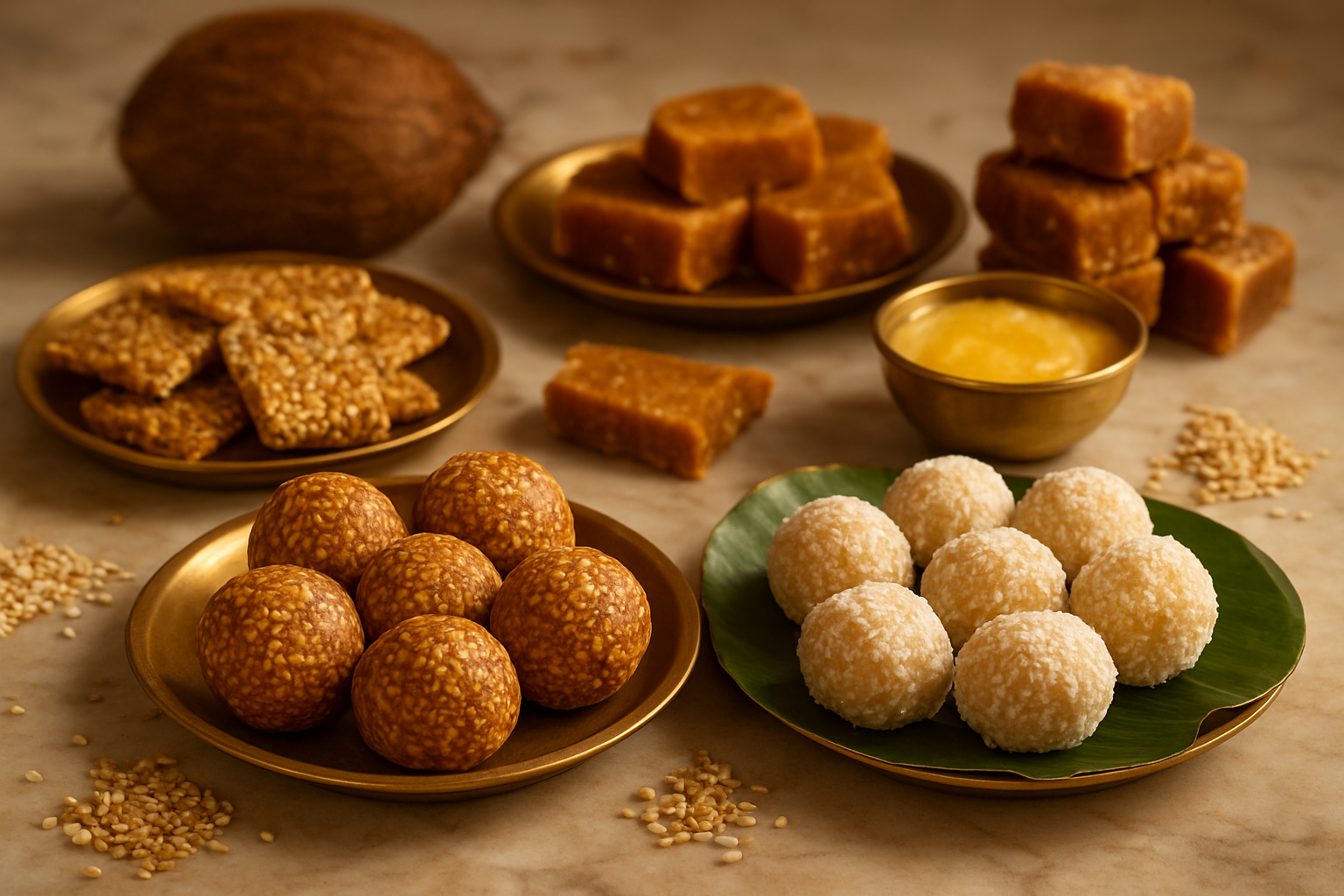 Create a realistic image of traditional Indian sweets arranged on a marble kitchen counter including tilgul laddoos, sesame seed brittle, jaggery sweets, and coconut balls displayed on brass plates and banana leaves, with ingredients like sesame seeds, jaggery blocks, coconut, and ghee scattered around, warm golden lighting creating a festive homemade atmosphere, shallow depth of field focusing on the beautifully crafted sweets, absolutely NO text should be in the scene.