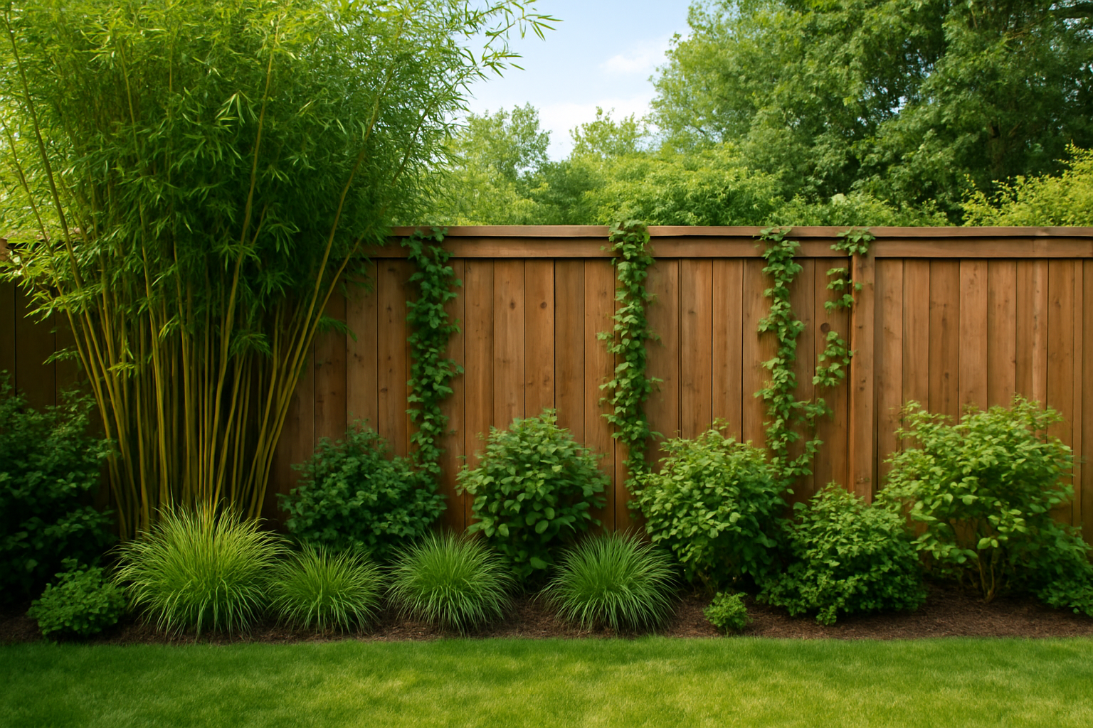 Create a realistic image of a backyard scene showing a wooden fence that appears taller due to strategic plant placement, featuring tall bamboo plants, climbing vines growing up the fence posts, ornamental grasses planted at the base, and leafy shrubs of varying heights arranged along the fence line, with a well-maintained lawn in the foreground, natural daylight illuminating the scene, and a peaceful residential garden atmosphere. Absolutely NO text should be in the scene.