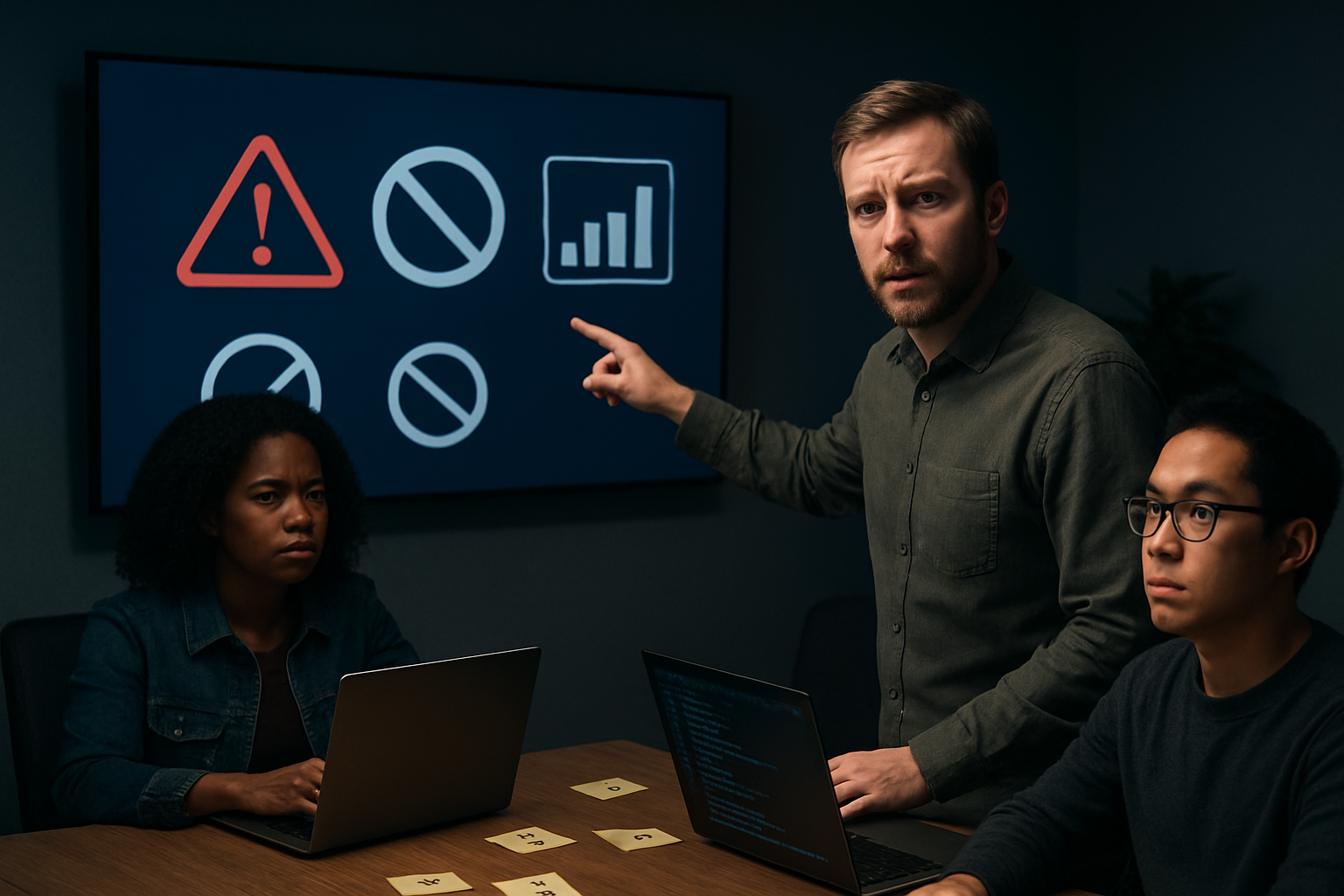 Create a realistic image of a diverse group of developers in a modern office meeting room, with a concerned-looking white male developer in the foreground pointing at warning symbols and limitation icons displayed on a large wall-mounted screen, while a black female developer and an Asian male developer sit at a conference table with laptops open showing code interfaces, scattered sticky notes with question marks on the table, dim ambient lighting with focused spotlight on the screen creating a serious problem-solving atmosphere, absolutely NO text should be in the scene.