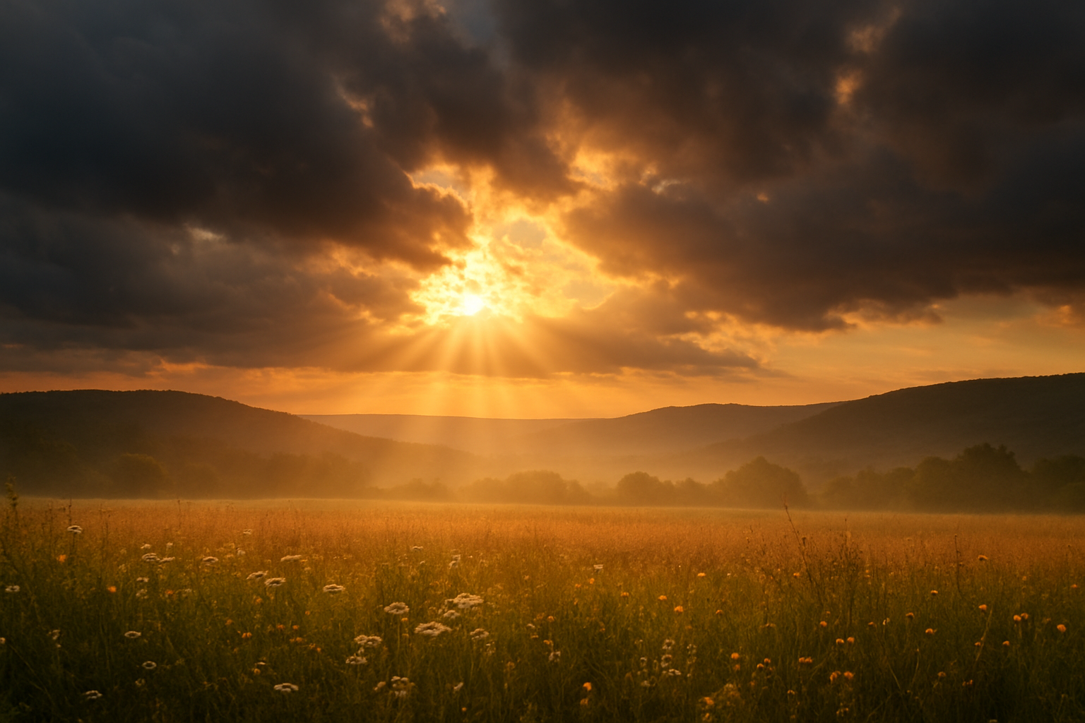Create a realistic image of a peaceful sunrise breaking through storm clouds over a calm landscape, with golden sunlight rays piercing through dark gray clouds, illuminating a serene meadow with wildflowers in the foreground, distant rolling hills in soft morning mist, a sense of hope and tranquility after turbulent weather, warm golden and soft blue color palette, gentle morning light creating a comforting and reassuring atmosphere that symbolizes divine love conquering uncertainty, Absolutely NO text should be in the scene.
