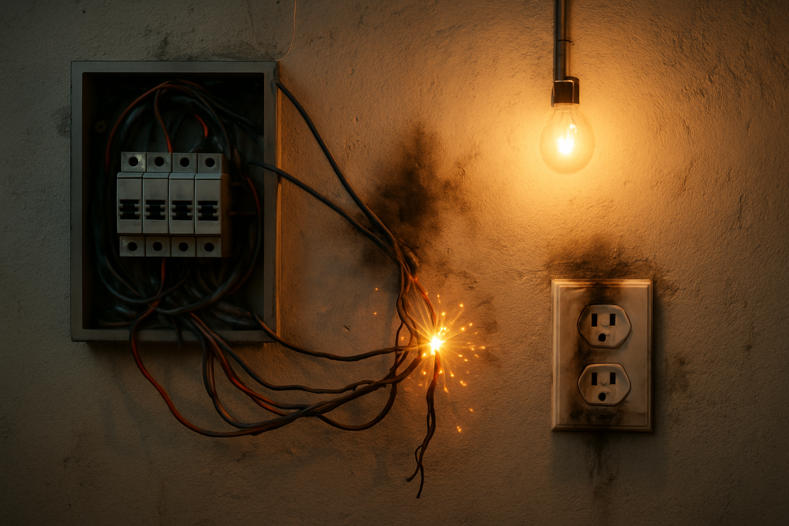 Create a realistic image of exposed electrical wiring with visible damage, sparks, and burn marks on a concrete wall inside a modern UAE residential building, showing loose electrical connections, overloaded circuit breakers in an open electrical panel, flickering lights, and scorch marks around wall outlets, with warm indoor lighting creating shadows that emphasize the hazardous conditions, absolutely NO text should be in the scene.