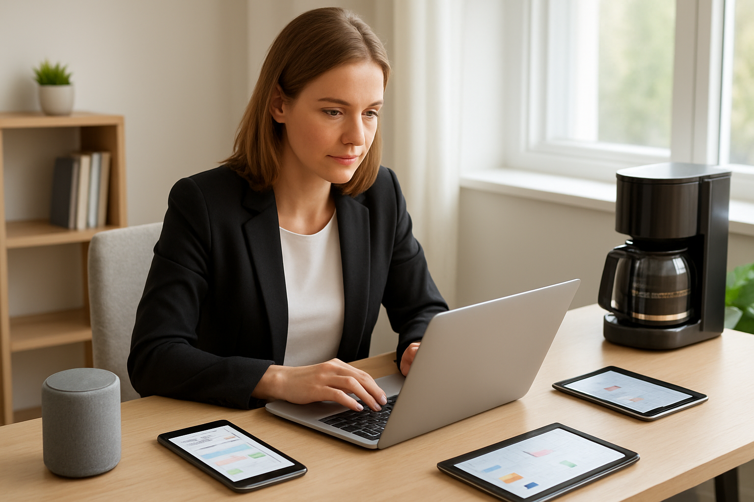 Create a realistic image of a professional white woman in her 30s sitting at a modern desk with a laptop, smartphone, and tablet displaying various productivity apps and digital calendars, surrounded by smart home devices like a voice assistant and automated coffee maker, in a bright contemporary home office with natural lighting from a window, conveying efficiency and technological integration for time management, absolutely NO text should be in the scene.