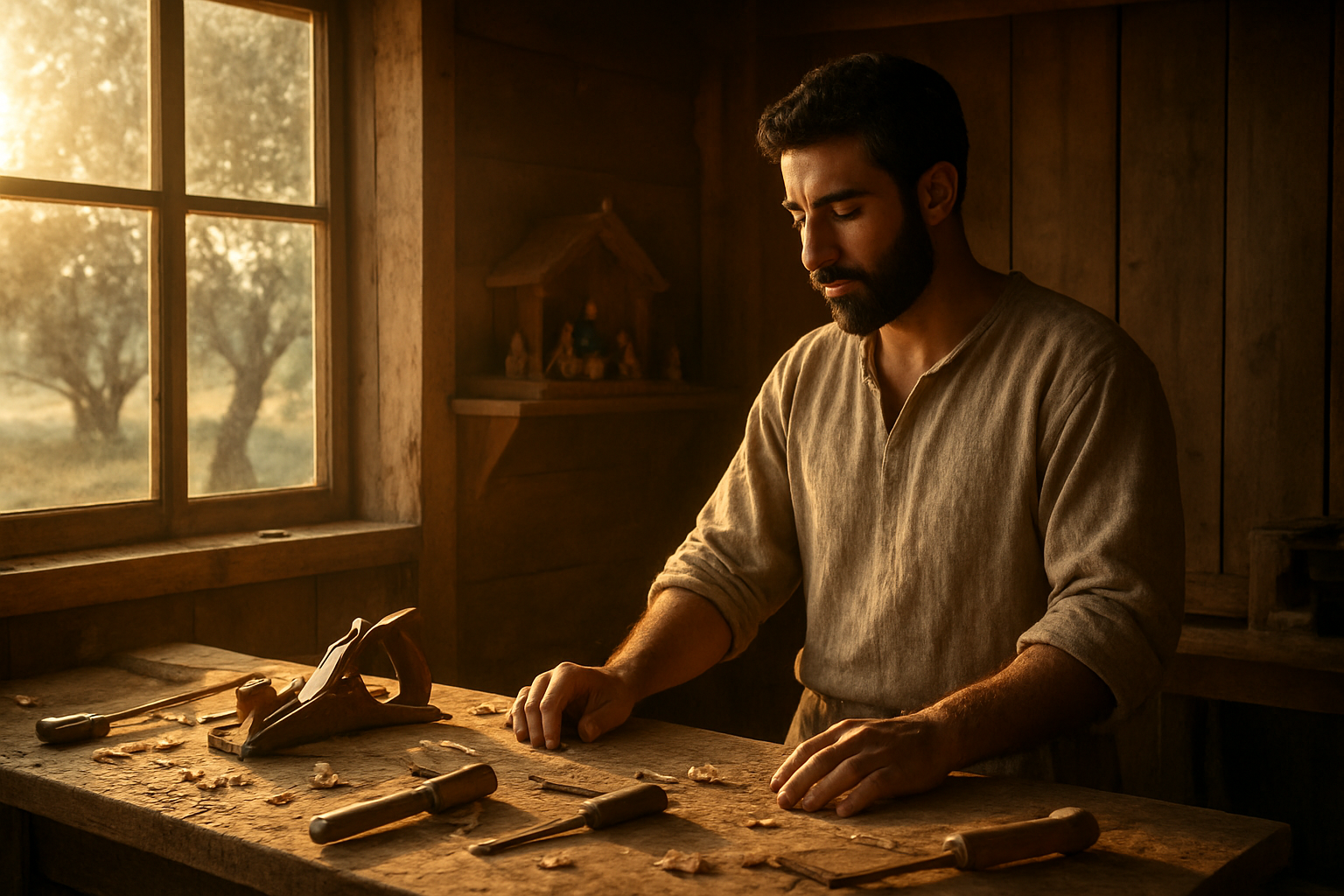 Create a realistic image of a Middle Eastern male carpenter with dark hair and beard standing in a humble wooden workshop at dawn, with warm golden sunlight streaming through a window, casting gentle shadows on woodworking tools scattered on a workbench, while in the background a small nativity scene sits peacefully on a shelf, with olive trees visible through the window and a serene, contemplative atmosphere filling the scene, absolutely NO text should be in the scene.