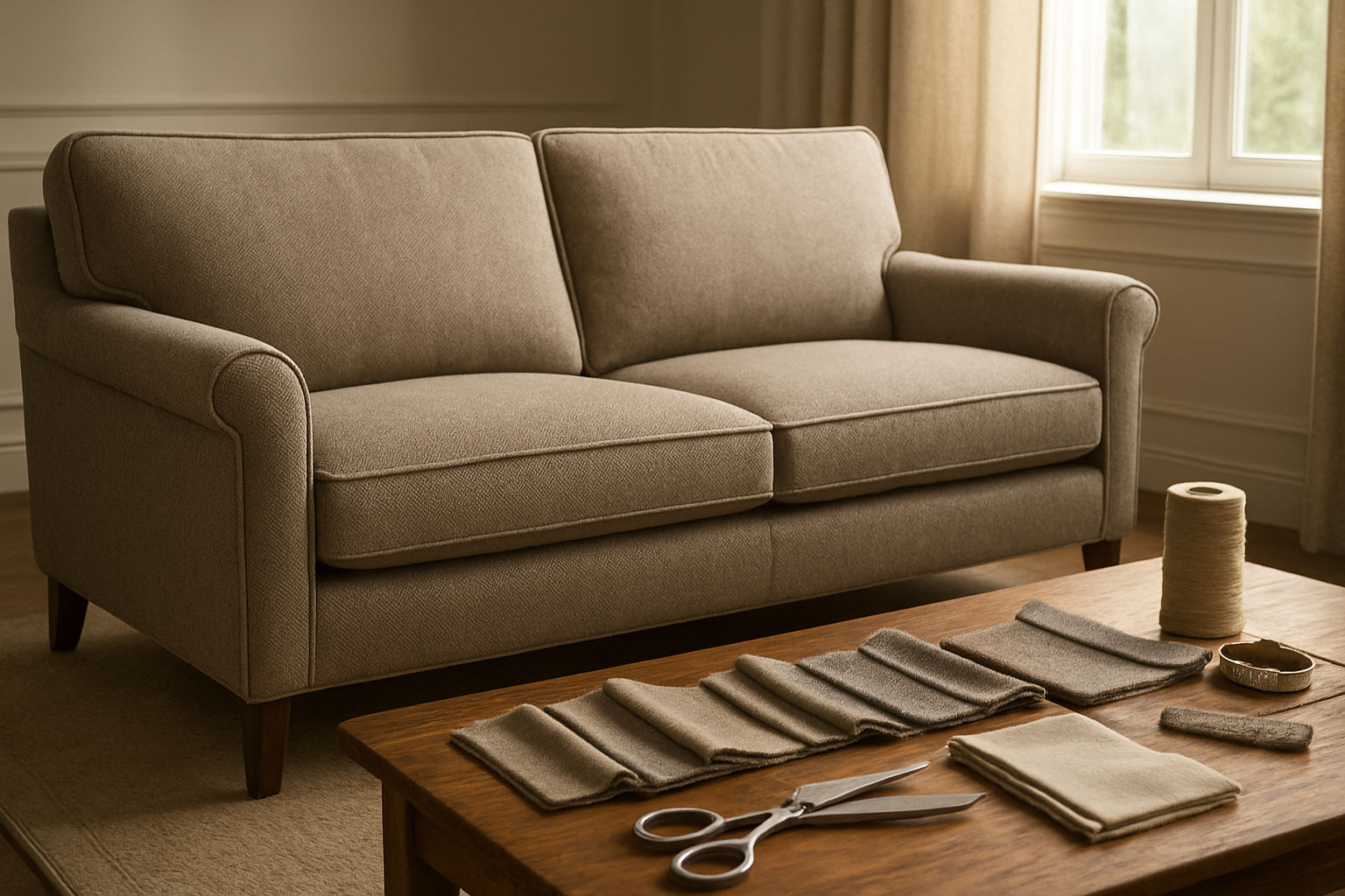 Create a realistic image of a beautifully finished custom sofa in an elegant living room setting, showcasing high-quality fabric upholstery with visible detailed stitching and craftsmanship, surrounded by fabric swatches, upholstery tools, and materials on a nearby wooden table, with soft natural lighting streaming through a window creating a warm and professional atmosphere that conveys completion and satisfaction with the furniture customization process, absolutely NO text should be in the scene.