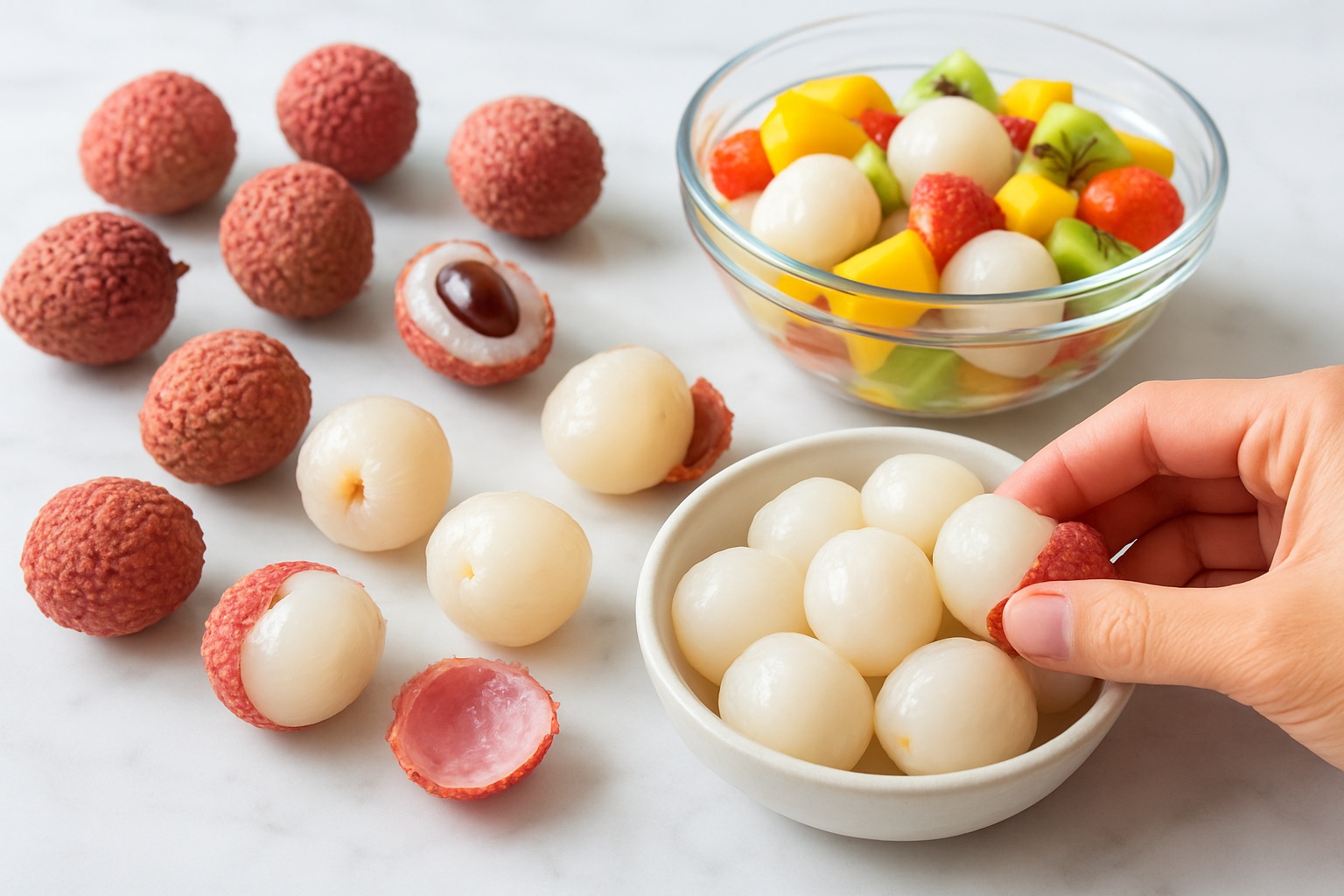 Create a realistic image of fresh lychees being prepared and enjoyed in multiple ways, showing peeled lychees with translucent white flesh exposed, whole unpeeled lychees with pink-red bumpy skin, a few lychees being peeled by hand with the skin partially removed, some lychees cut in half displaying the dark seed inside, a bowl of peeled lychees ready to eat, and lychees incorporated into a fruit salad with other tropical fruits, all arranged on a clean white marble countertop with natural daylight lighting, absolutely NO text should be in the scene.
