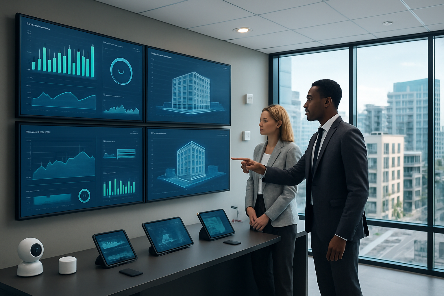 Create a realistic image of a modern property management control center featuring multiple large wall-mounted displays showing building analytics dashboards, energy consumption graphs, and 3D building models, with a sleek control desk equipped with tablets and smart devices, AI-powered sensors and IoT devices visible throughout the scene, a diverse group of property managers including a white female and black male professional analyzing data on screens, contemporary office environment with glass walls overlooking a city skyline with modern residential and commercial buildings, bright professional lighting with a tech-forward atmosphere, absolutely NO text should be in the scene.