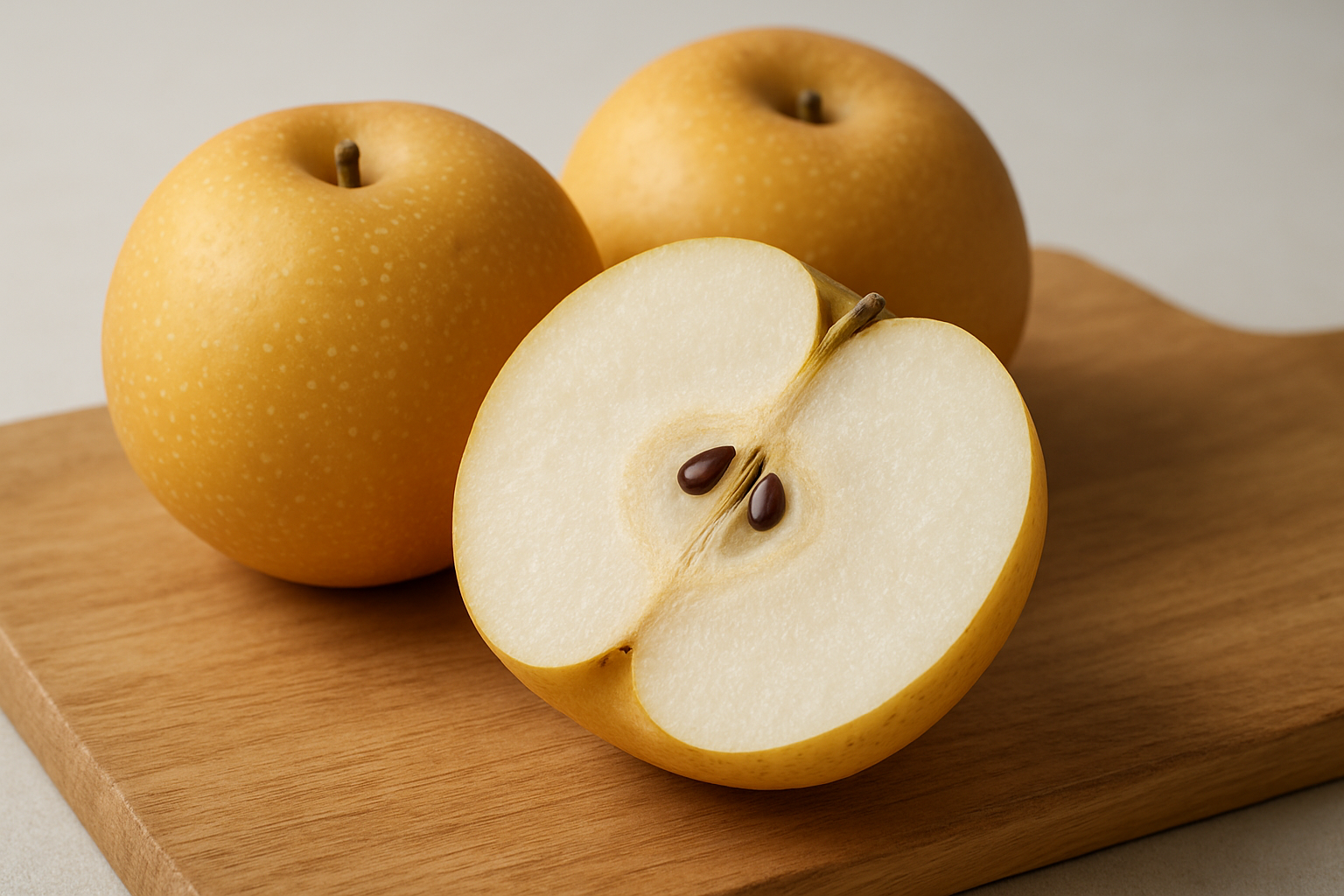 Create a realistic image of a cross-section of a fresh nashi pear cut in half displaying its crisp white flesh and small brown seeds in the center, alongside whole nashi pears with their characteristic golden-yellow speckled skin, arranged on a natural wooden cutting board with soft natural lighting that highlights the juicy texture and granular flesh pattern typical of Asian pears, with a clean neutral background that emphasizes the fruit's unique texture and appearance. Absolutely NO text should be in the scene.