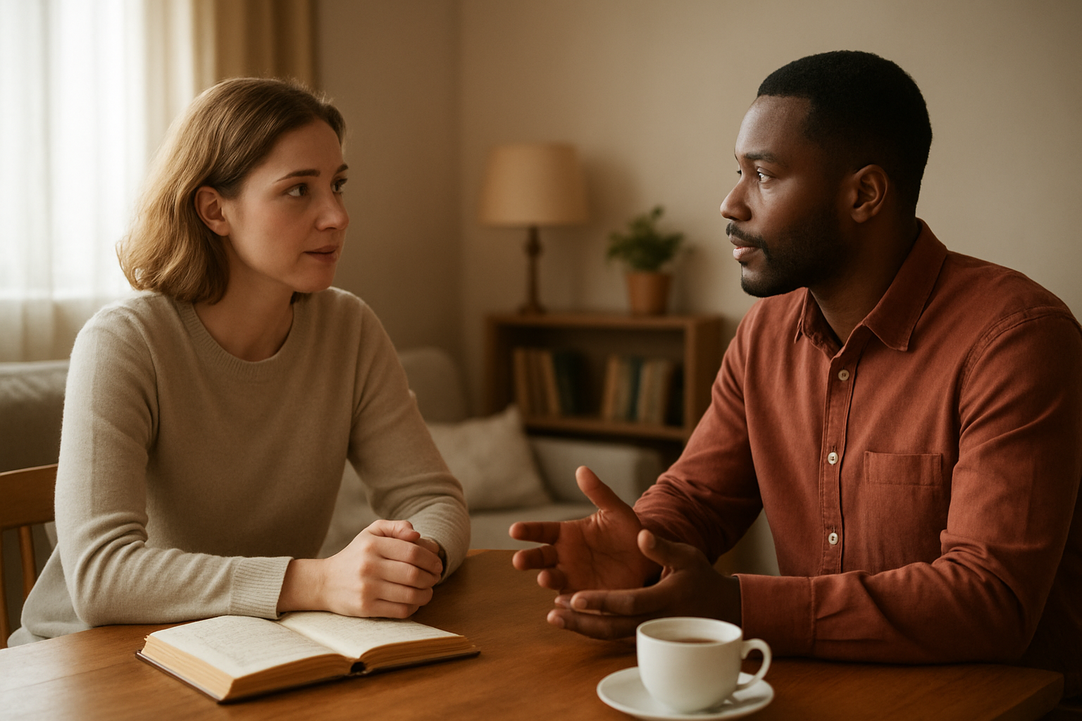 Create a realistic image of two people sitting across from each other at a wooden table in a warm, softly lit living room, with one white female and one black male engaged in what appears to be a meaningful conversation, their body language showing openness and attentiveness, with gentle natural light streaming through a window creating a peaceful atmosphere, books and a cup of tea visible on the table between them, emphasizing a scene of respectful dialogue and understanding. Absolutely NO text should be in the scene.
