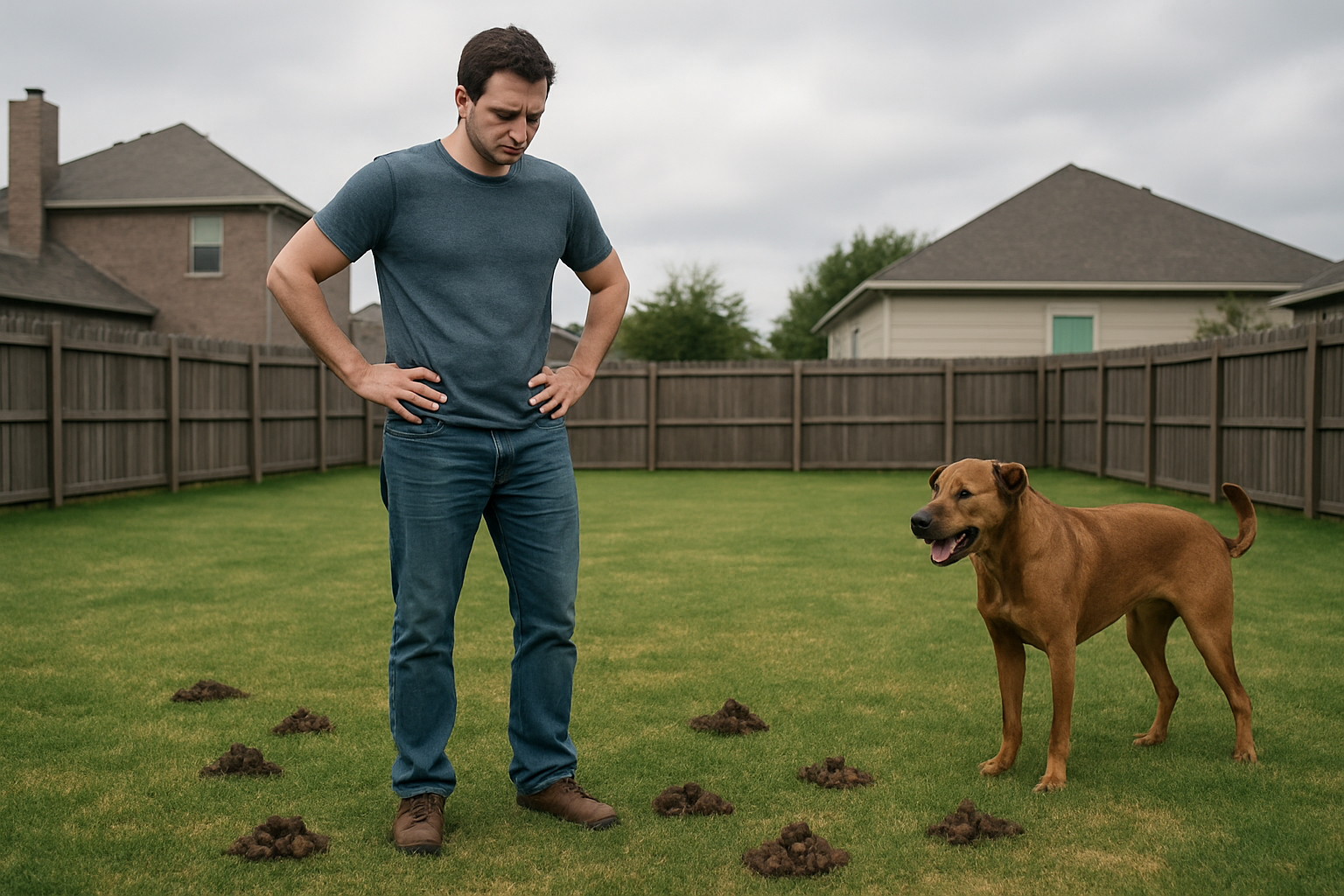 Create a realistic image of a concerned white male homeowner in his 30s standing in a backyard looking down at multiple piles of dog waste scattered across the grass, with a medium-sized brown dog nearby, suburban houses visible in the background, overcast sky creating a problem-solving mood, the man wearing casual clothes with his hands on his hips in a contemplative pose, green lawn showing signs of waste accumulation and yellowing spots, natural daylight lighting, absolutely NO text should be in the scene.